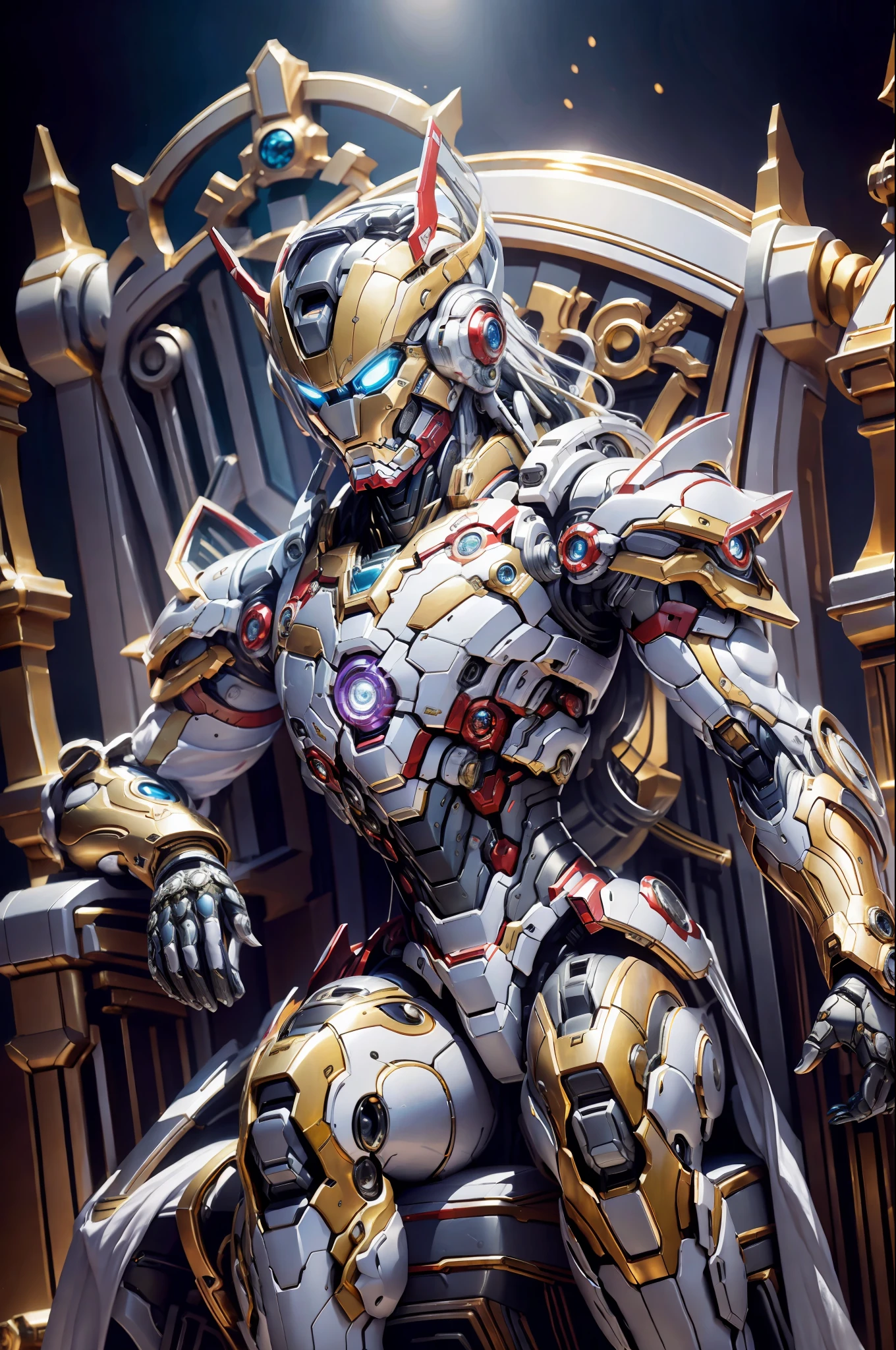 Cyberpunk style mecha Marvel Movie Iron Man Saint Seiya Kamen Rider Queen sitting on throne, ancient technology, ancient legends, white hair (white stockings: 1.5) (Throne: 1.4), sword, (mecha God of War), Egyptian style, (Saint Seiya: 1.7), Taoist symbols, (dragon pattern: 1.6), (gold thread: 1.5) ultra-realistic, Boca effect, shot in the style of David La Chapelle, bioluminescent palette: lilac, pale gold, bright white, ultra-fine, cinematic still life, vibrancy, Unrealistic engine style, Sakimichan, lower chest, perfect eyes, highest image quality 16K, inspired by Harry Winston, shot on Canon EOS R 6, masterpiece, --Chaos 50, gray hair, crown, mole under the eyes, gitchham, wide angle, canon, from above, projection illustration, ray tracing, surrealism, textured skin --s2