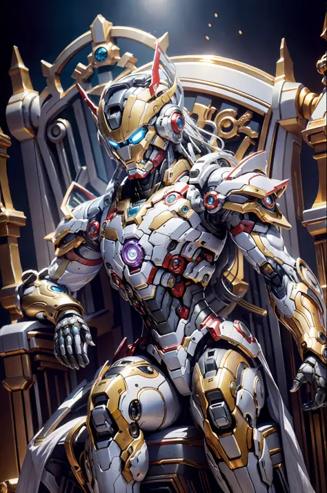 Cyberpunk style mecha Marvel Movie Iron Man Saint Seiya Kamen Rider Queen sitting on throne, ancient technology, ancient legends...