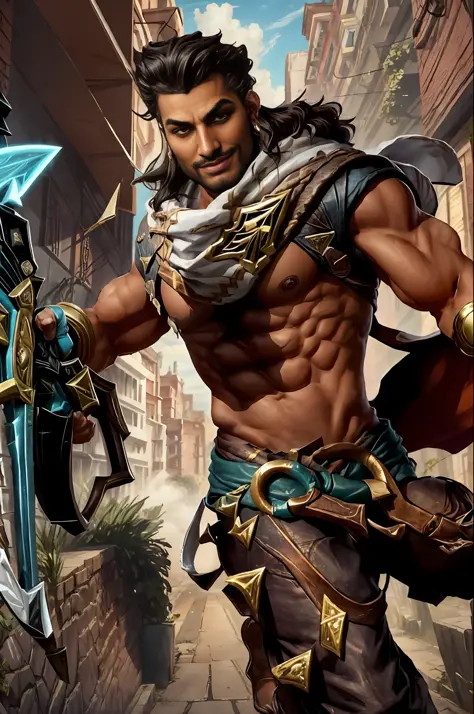 Ultra-realistic wallpaper of Akshan, from the game League of Legends, for mobile. Akshan should be featured prominently in the center of the image, displaying all of his personality and style. Your attire should be detailed, with your distinctive features,...