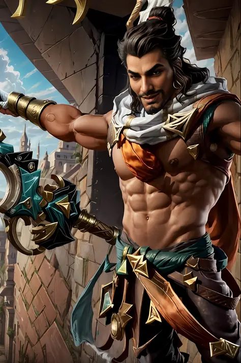 Ultra-realistic wallpaper of Akshan, from the game League of Legends, for mobile. Akshan should be featured prominently in the center of the image, displaying all of his personality and style. Your attire should be detailed, with your distinctive features,...