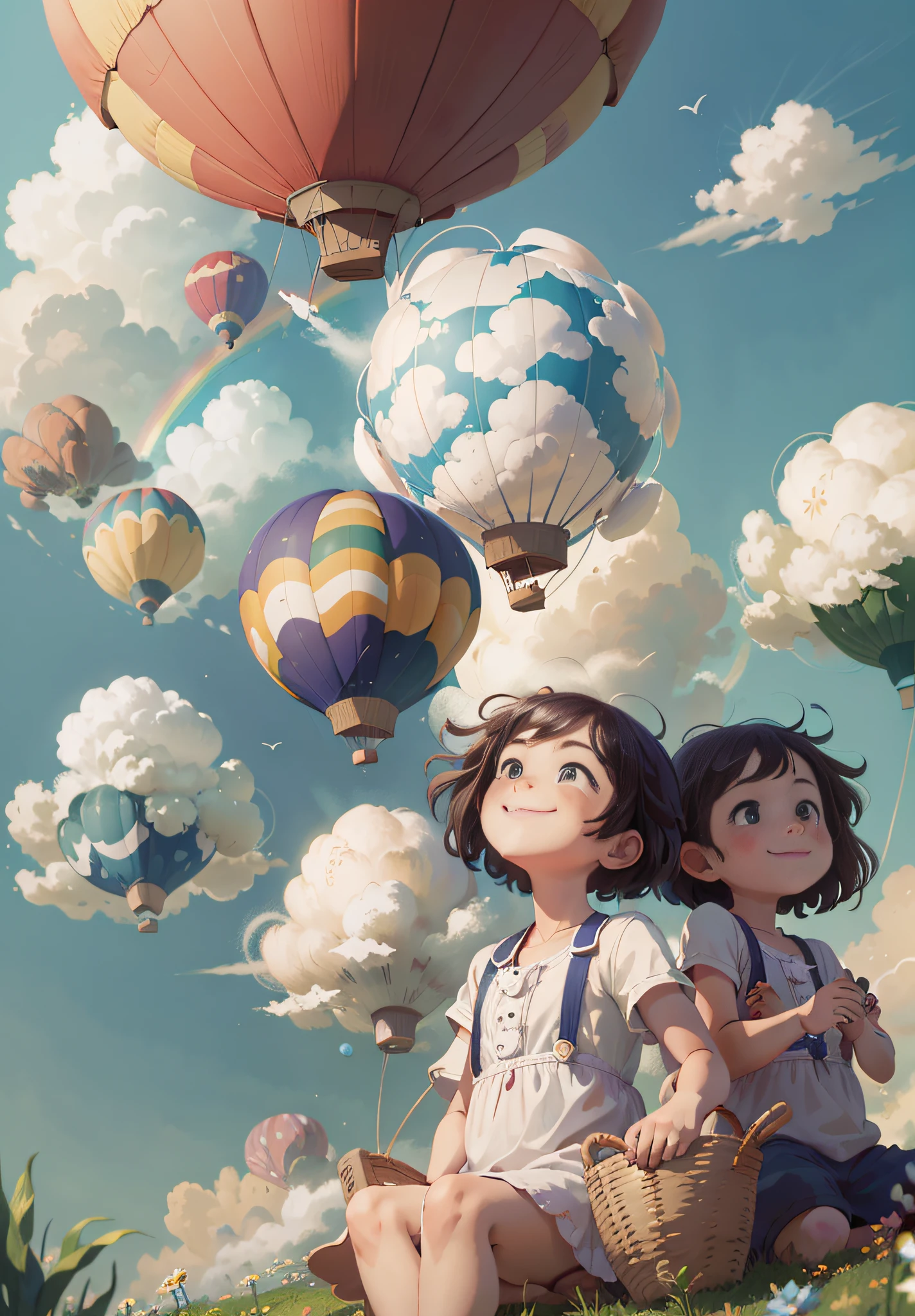 (Obra maestra, mejor calidad) Dos niños sentados en un globo aerostático volando en el cielo, sonriente, Finos rasgos faciales, sol, cielo azul limpio y nubes blancas, arcoíris, meadow, verano -V6