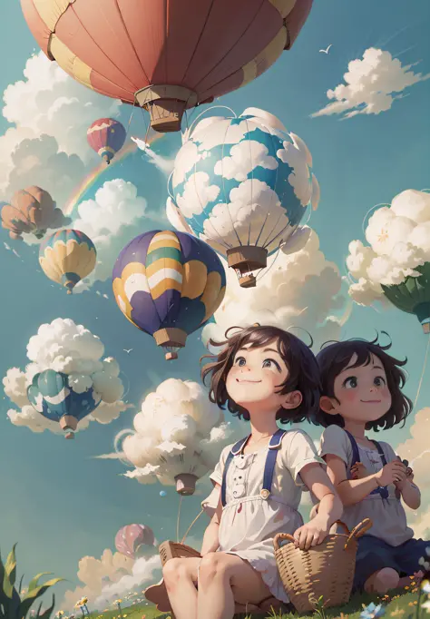 (masterpiece, best quality) two children sitting in a hot air balloon flying in the sky, smiling, fine facial features, sun, cle...