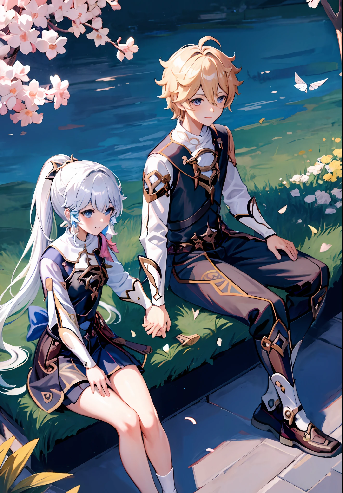 anime couple, aether and ayaka anime couple (masterpiece:1.3), best quality, official art, 1girl, 1boy, (cute:1.3), sitting on a park bench, (holding hands), smiling, blushing, (bright), (:D:0.6), sun light, cumulonimbus clouds, birds, high quality fanart, best quality, aether yellow hair\(genshin impact\), kamisato_ayaka (flawless radiance) , official costume, ayaka hair ornament,cowboy shot,ponytail, blunt bangs,blue eyes, smile, closed mouth, eyebrows visible through hair, long hair, silver hair, big breasts,