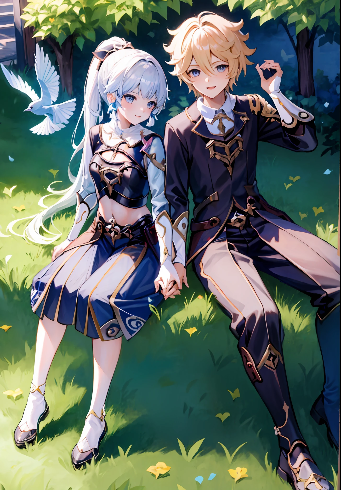 anime couple, aether and ayaka anime couple (masterpiece:1.3), best quality, official art, 1girl, 1boy, (cute:1.3), sitting on a park bench, (holding hands), smiling, blushing, (bright), (:D:0.6), sun light, cumulonimbus clouds, birds, high quality fanart, best quality, aether yellow hair\(genshin impact\), kamisato_ayaka (flawless radiance) , official costume, ayaka hair ornament,cowboy shot,ponytail, blunt bangs,blue eyes, smile, closed mouth, eyebrows visible through hair, long hair, silver hair, big breasts,