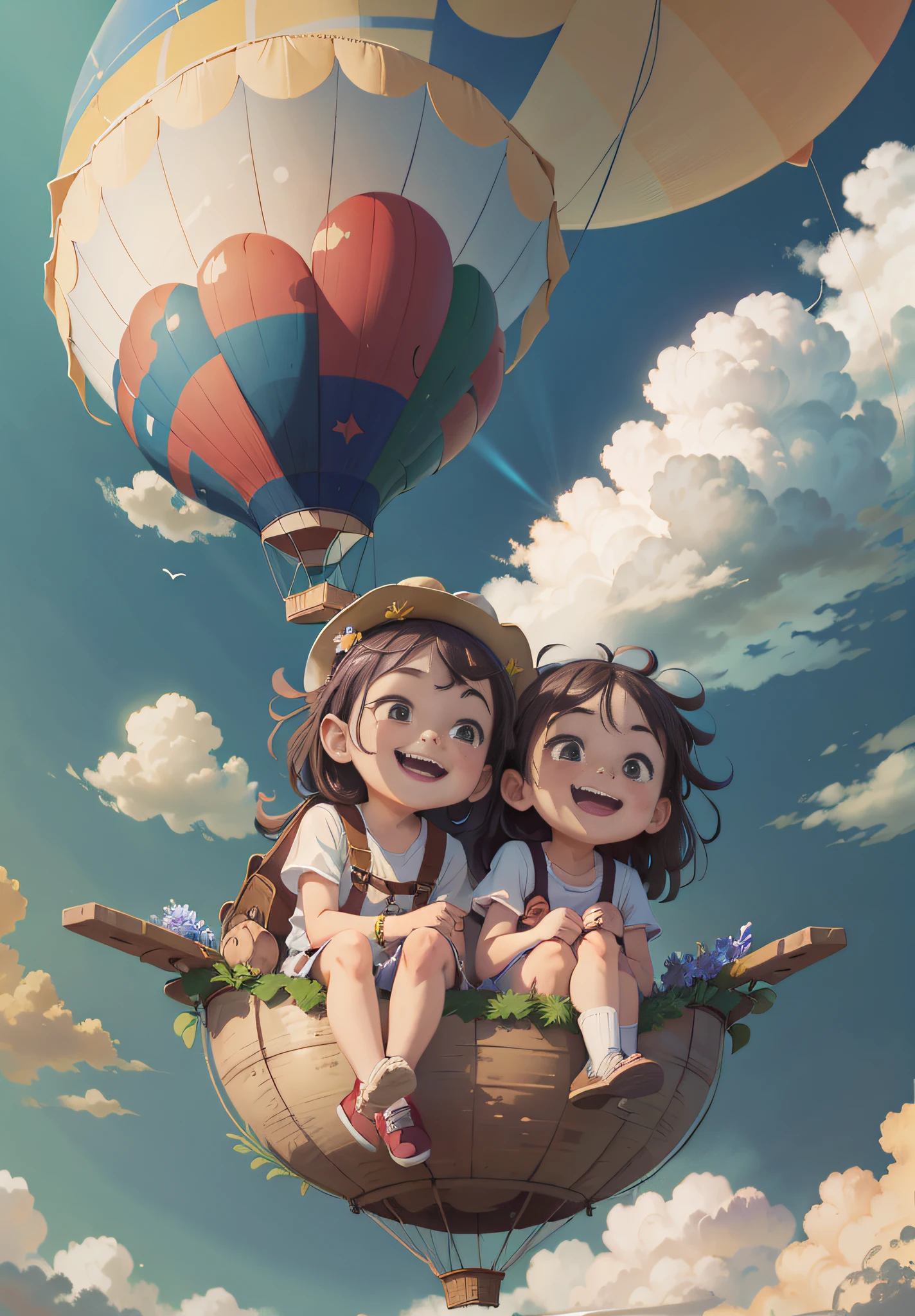 (chef-d&#39;œuvre, meilleure qualité) Deux enfants assis dans une montgolfière volant dans le ciel, souriant, traits fins du visage, Soleil, ciel bleu propre et nuages blancs, arc-en-ciel, prairie, été -V6