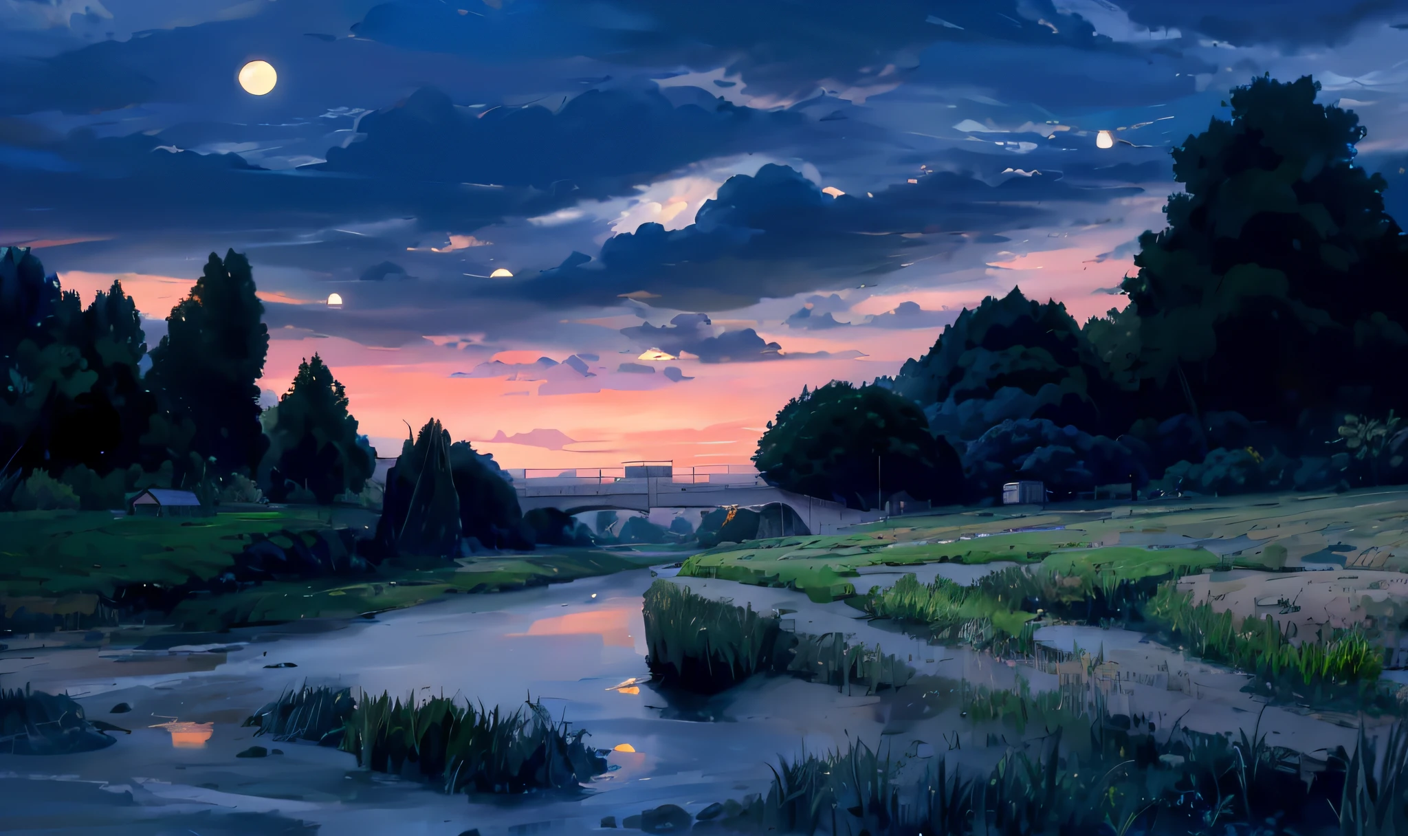 painting of a river with a bridge and a bridge in the distance, anime countryside landscape, anime landscape, anime landscape wallpaper, twilight ; digital painting, anime scenery, beautiful anime scenery, beautiful anime scene, inspired by Makoto Shinkai, anime background art, twilight ; digital oil painting, mokoto shinkai, scenery artwork, style of makoto shinkai