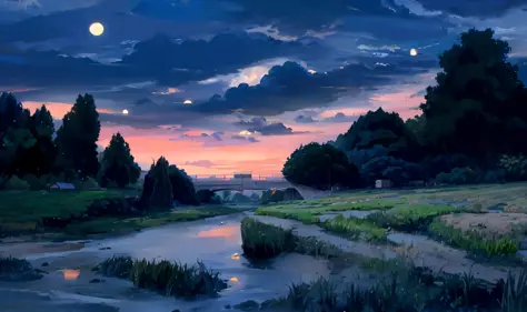 painting of a river with a bridge and a bridge in the distance, anime countryside landscape, anime landscape, anime landscape wa...