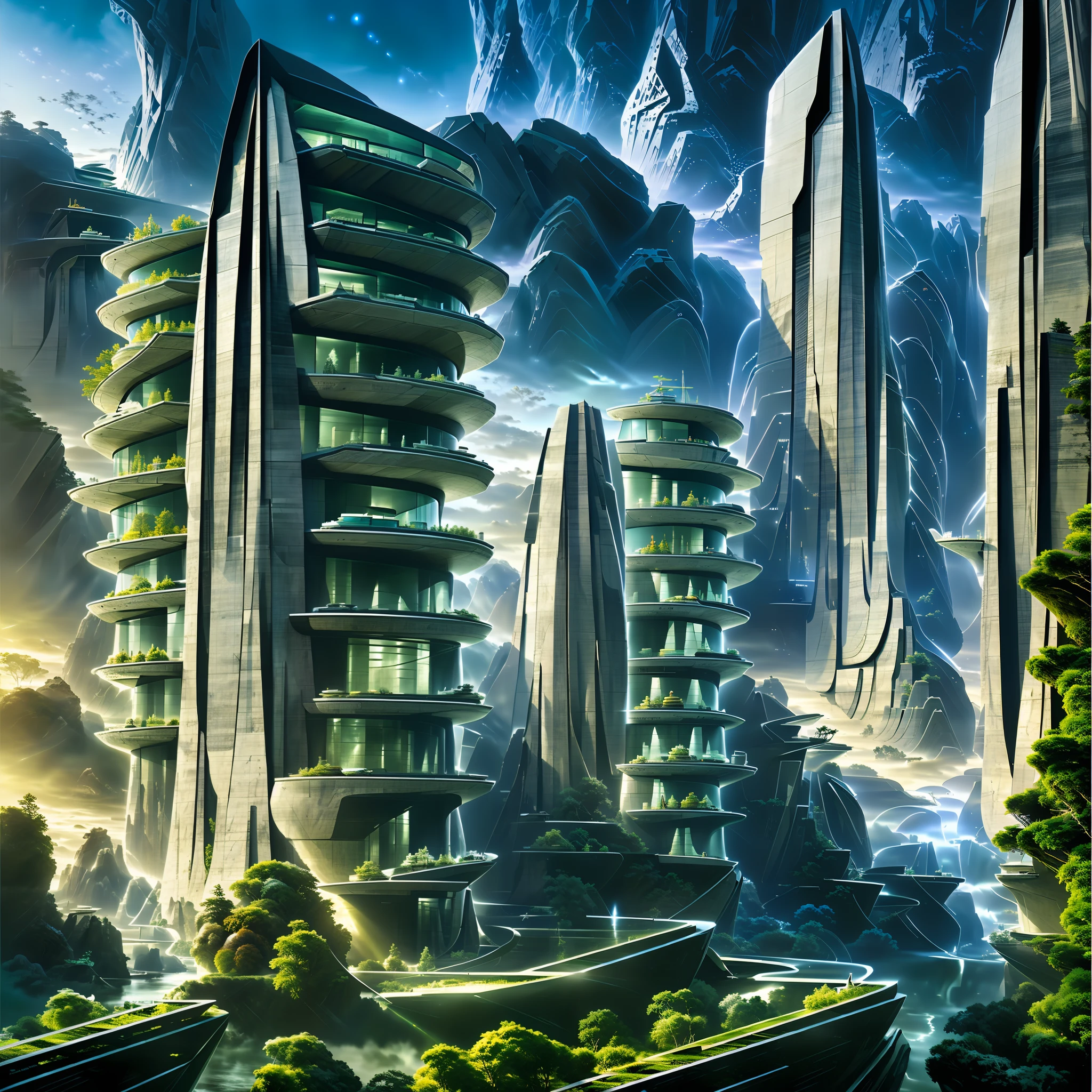 Futuristic design of an awesome sunny  day environment concept art on a futuristic forest terrain with huge waterfalls,streams,sacred grooves, nature architecture, proportional,detailed, blueprint,bright clouds, nature meets futuristic architecture by Santiago Calatrava and Vincent Callebaut  with Wes Anderson village,residential area, futuristic development, high rise made up staircases, balconies, full of composite glass facades, residential spaces carved from cliff side ,trending on artstation, beautiful lighting,In the style of Andreas Achenbach and Norman Ackroyd masterpiece, fantasy, intricate, award winning, 4k, highest quality render