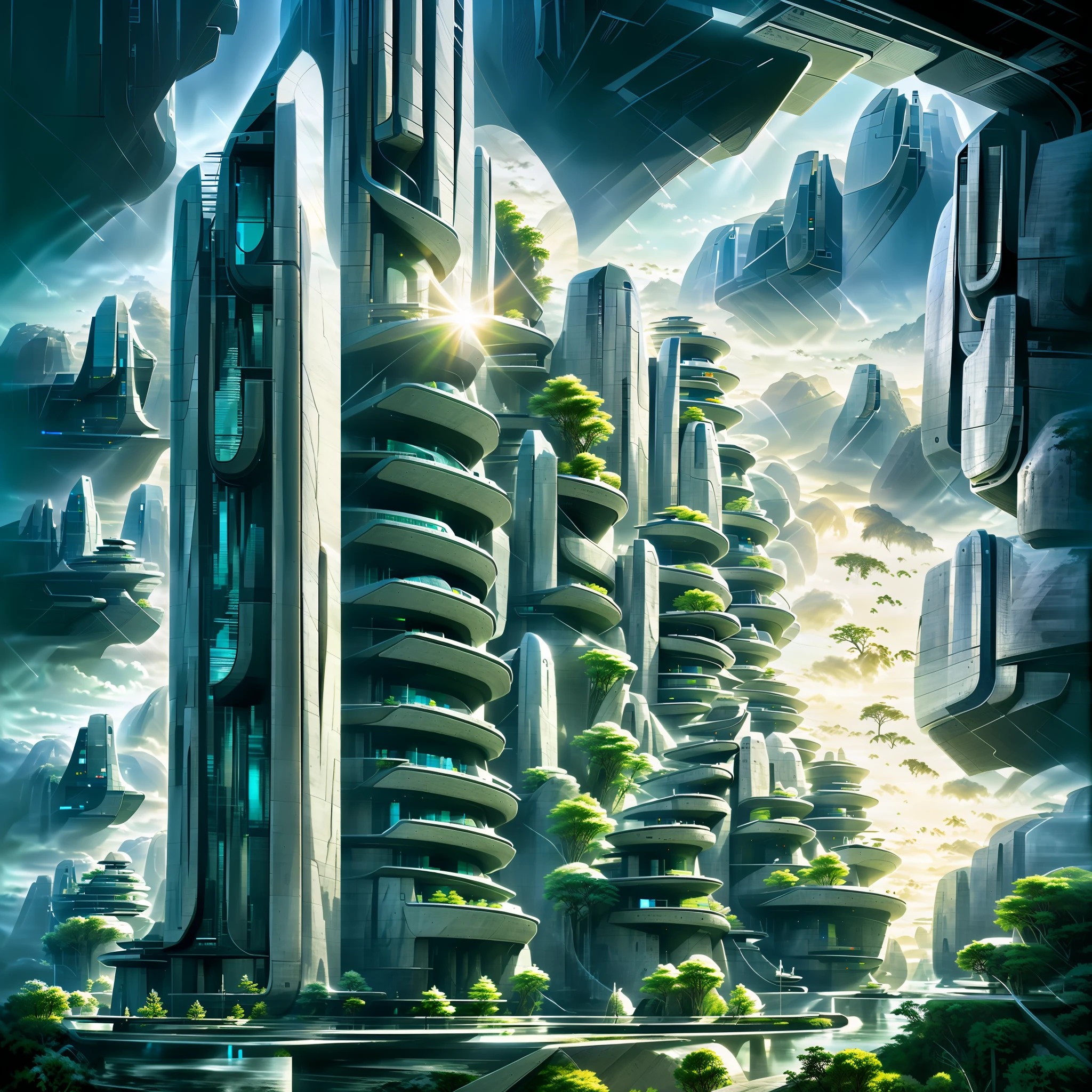 Futuristic design of an awesome sunny  day environment concept art on a futuristic forest terrain with huge waterfalls,streams,sacred grooves, nature architecture, proportional,detailed, blueprint,bright clouds, nature meets futuristic architecture by Santiago Calatrava and Vincent Callebaut  with Wes Anderson village,residential area, futuristic development, high rise made up staircases, balconies, full of composite glass facades, residential spaces carved from cliff side ,trending on artstation, beautiful lighting,In the style of Andreas Achenbach and Norman Ackroyd masterpiece, fantasy, intricate, award winning, 4k, highest quality render