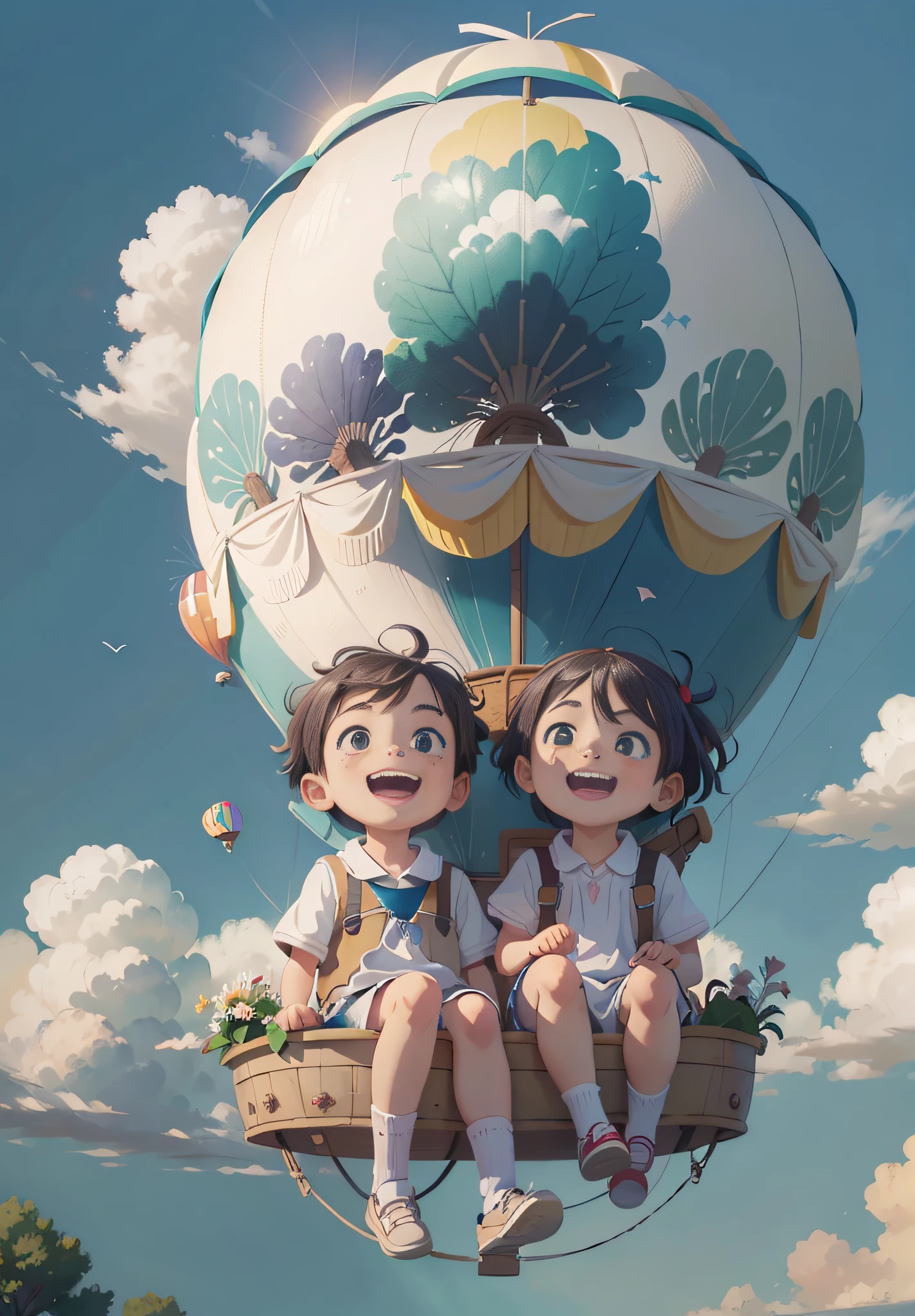 (Masterpiece, best quality) Two children sitting in a hot air balloon flying in the sky, smiling, fine facial features, sun, clean blue sky and white clouds, rainbow, meadow, summer -V6