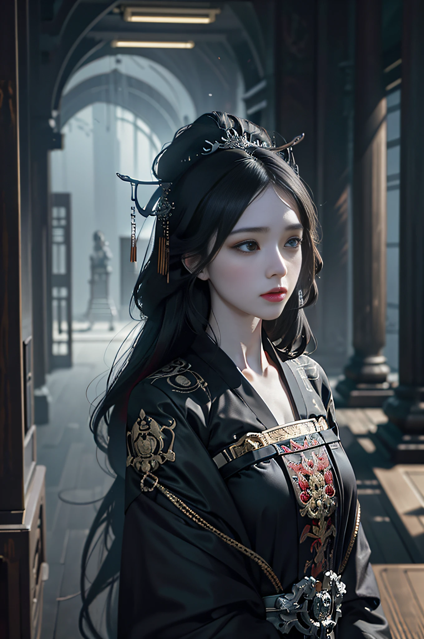 Official Art, Unity 8k Wallpaper, Ultra Detailed, Beautiful, Beautiful, Masterpiece, Best Quality, Darkness, Mystic, Romanticism, Scary, Literature, Art, Fashion, Tang Dynasty Era, Decoration, Intricate, Ironwork, Embroidery, Contemplation, Emotional Depth, Supernatural, Black Hanfu, Black Tulle, 1 Girl, Mask, Hua Dian, High Priest, Solo, Black Cat, Cat, Sad, Bloodstain, Fateful, Bust Composition, Dramatic Composition, Cinematic Lighting, Dynamic Perspective, Sexy, Full of Seduction, Ancient Chinese architectural background, temples, altars, black fog,
