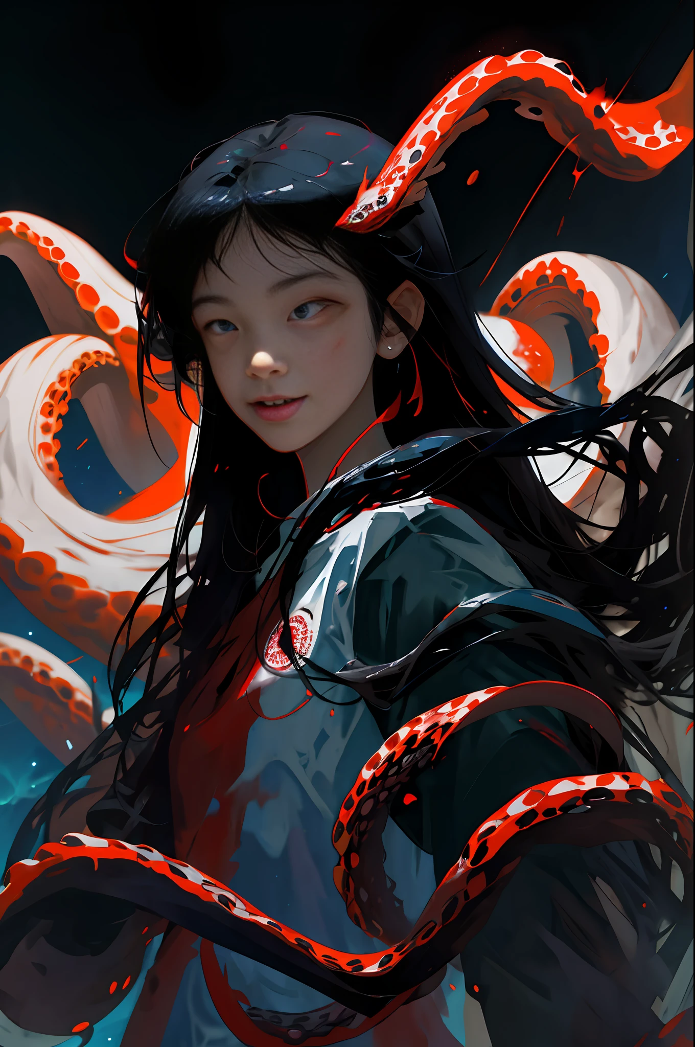 Red eyes, black hair, bangs, cold eyes, lab coat, long straight hair, fear, splashed blood, smile, murderer, dark blue starry sky, sea, dark background, searchlight, octopus brother