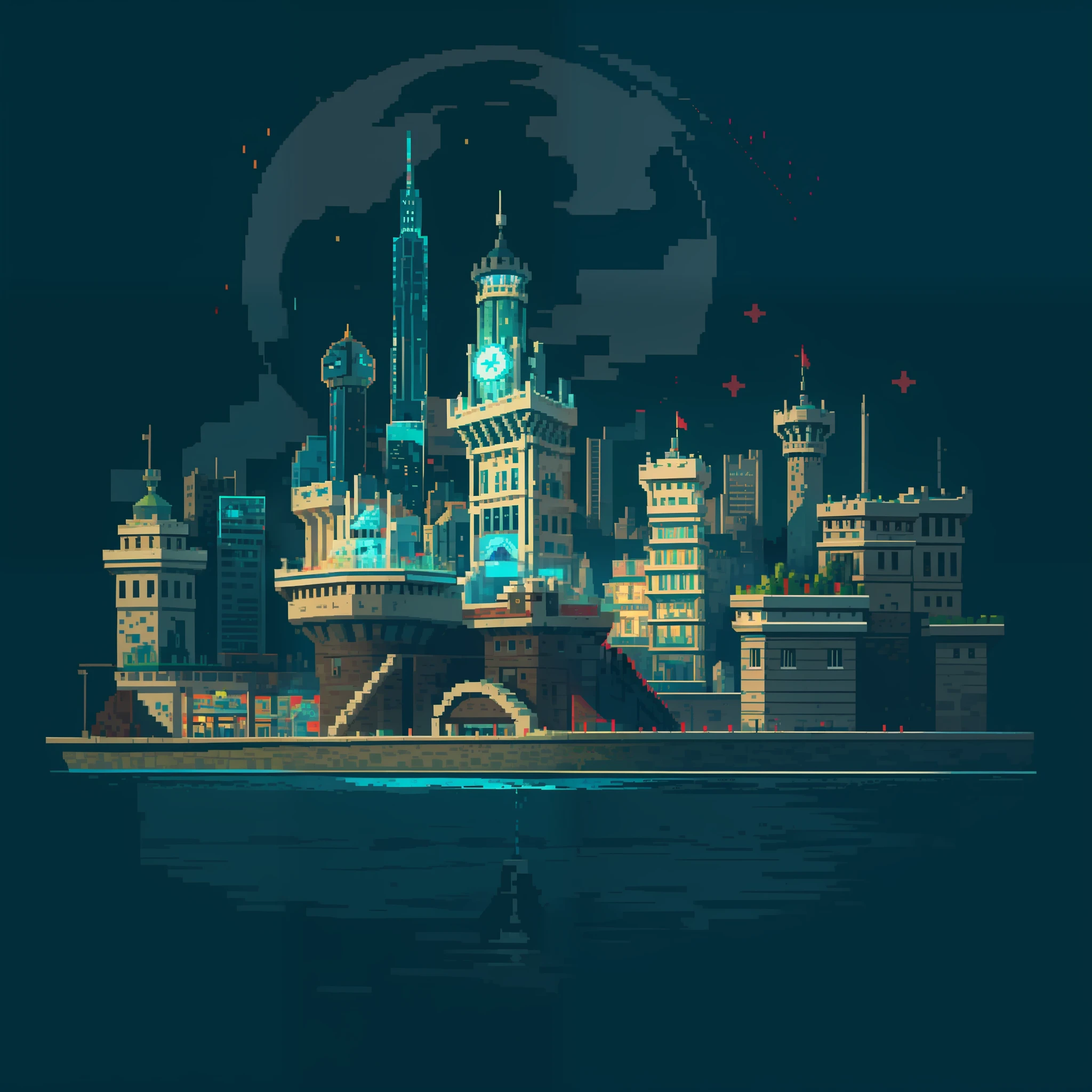 Future City, Building, Night, Lighting, Pixel Style, Checkered, Alone, Island, (Pixel Illustration: 1.5), Close-up