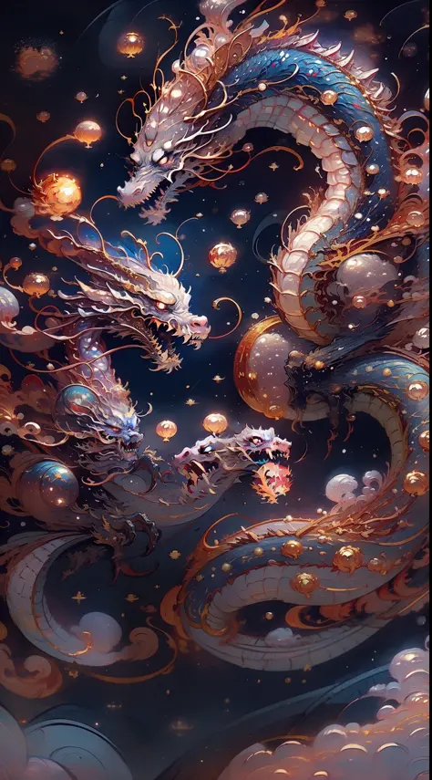 A celestial Chinese Dragon flying in the night sky, moon illuminating vibrant colors of dragon scales ((red, blue, gold:1.3)), m...