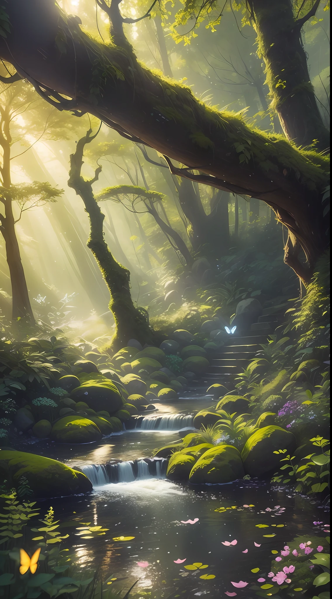 A breathtaking forest scene with tall trees reaching for the sky, sunlight filtering through the leaves, casting a golden glow on the forest floor. Small streams trickle through the moss-covered rocks, creating a serene ambiance. Delicate branches adorned with vibrant flowers and leaves add a touch of color to the scene. Fireflies dance in the air, their gentle glow illuminating the surroundings. The air is filled with a soft melody as butterflies flutter among the blossoms. Capture this enchanting moment in an intricate, high-quality illustration, with attention to the finest details and realistic shadows. Isometric 3D rendering using Octane Render and Ray Tracing will bring this magical forest to life