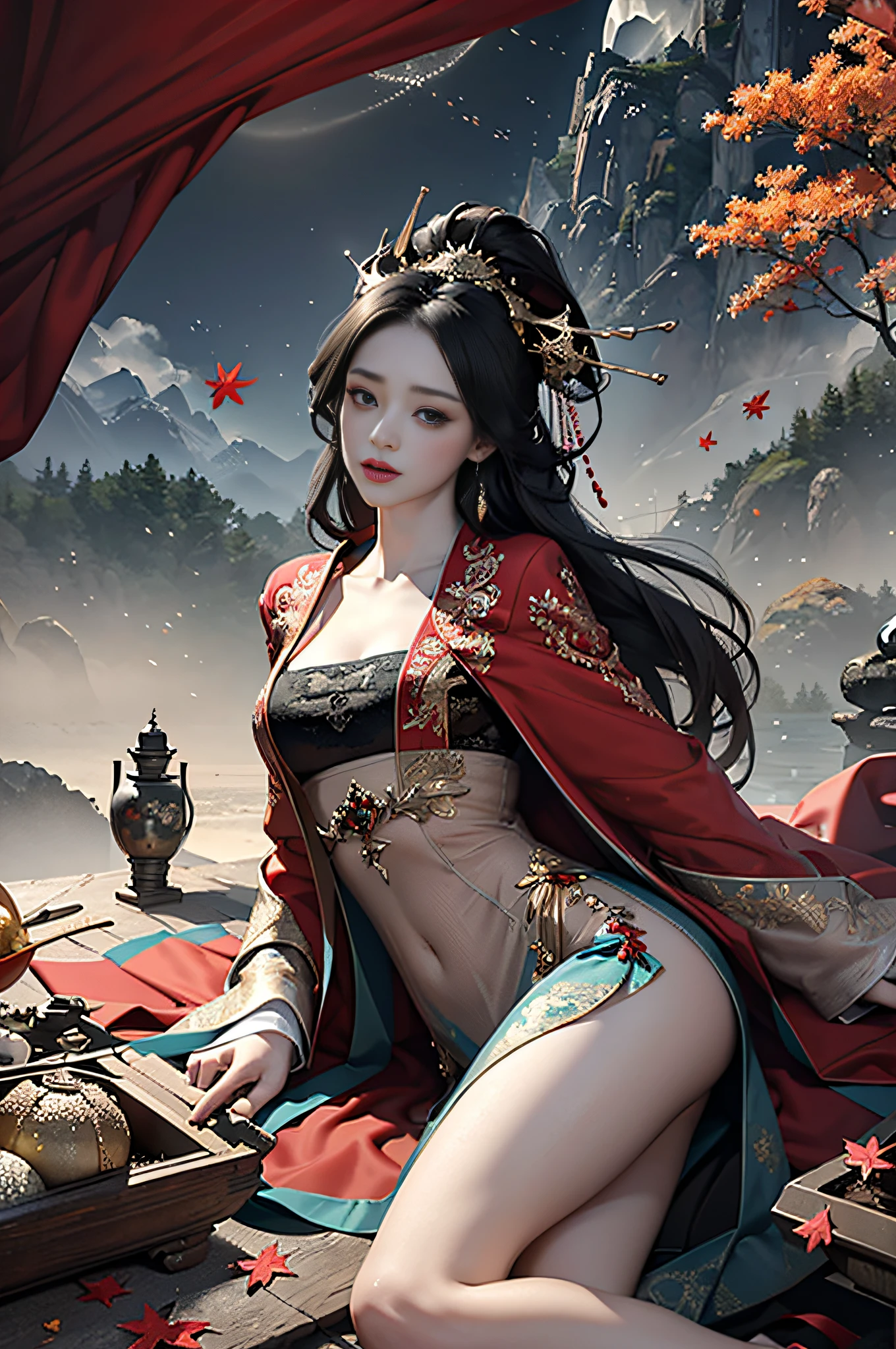 official art, Unity 8k wallpaper, super detailed, beautiful, beautiful, masterpiece, best quality, mystery, romanticism, horror, literature, art, fashion, tang dynasty era, decoration, intricate, embroidery, red hanfu, red tulle coat, 1 girl, black hair, red hair ornament, sad, fatalistic, bust composition, dramatic composition, movie lighting, dynamic perspective, sexy, full of seduction, maple forest, maple leaves falling, cloudy mist, dramatic composition,