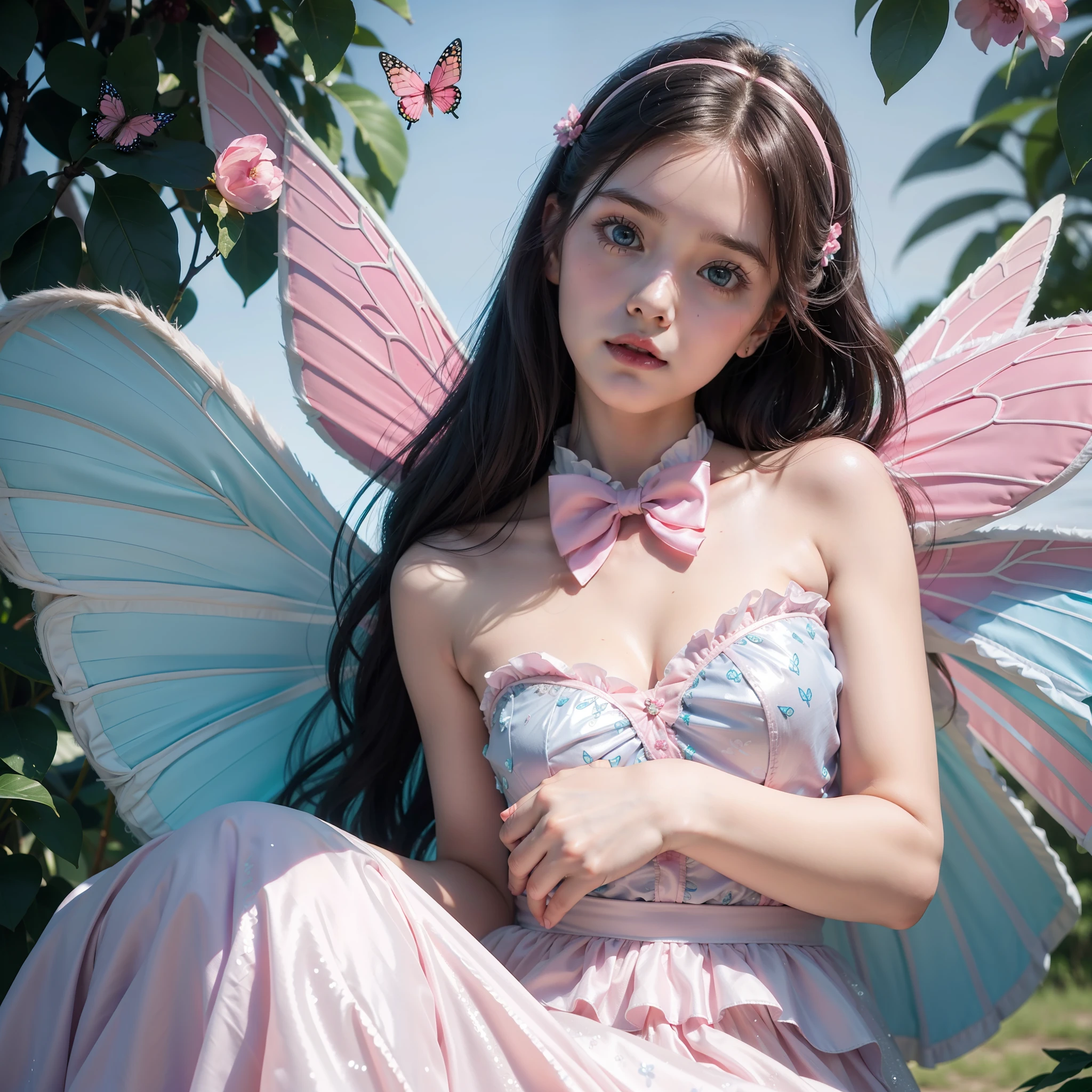 Cute, Full screen size, Bright eyes, Realistic style, Fresh tones, Pink accents, Fairy tale feeling, (1girl), Sequins, Round little face, Cute expression, Big blue-green eyes, Blue bow tied in hair, Pale pink court clothes, Butterfly, Conch, Garland in front of eyes, Fluttering, Brings a dreamy atmosphere)