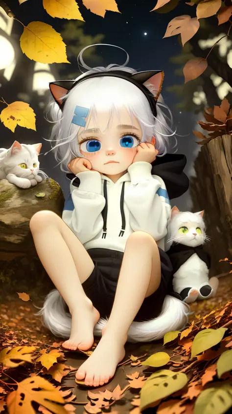 a girl, (1 person: 1.9, furry human furry: 1.3), white hair, cat ears, hoodie: 0.9, night, headband, blue eyes, bicolor hair, cl...