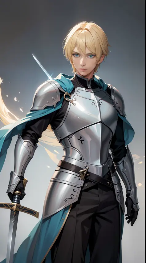 a 23-year-old man with blue eyes and blonde hair, his armor represents light and purity, he possesses a long sword on the left s...