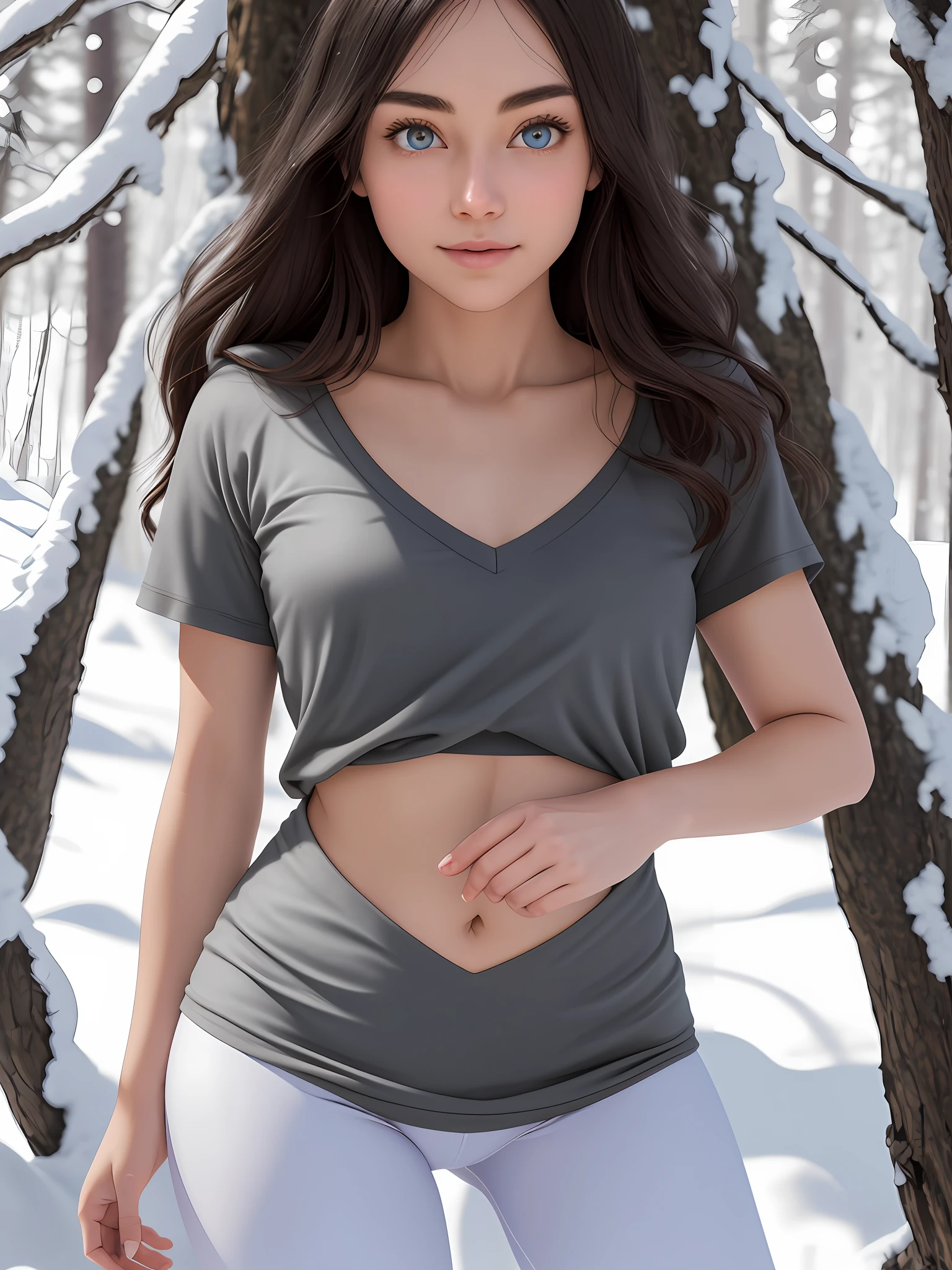 A woman in a gray shirt and white pants posing in the snow - SeaArt AI