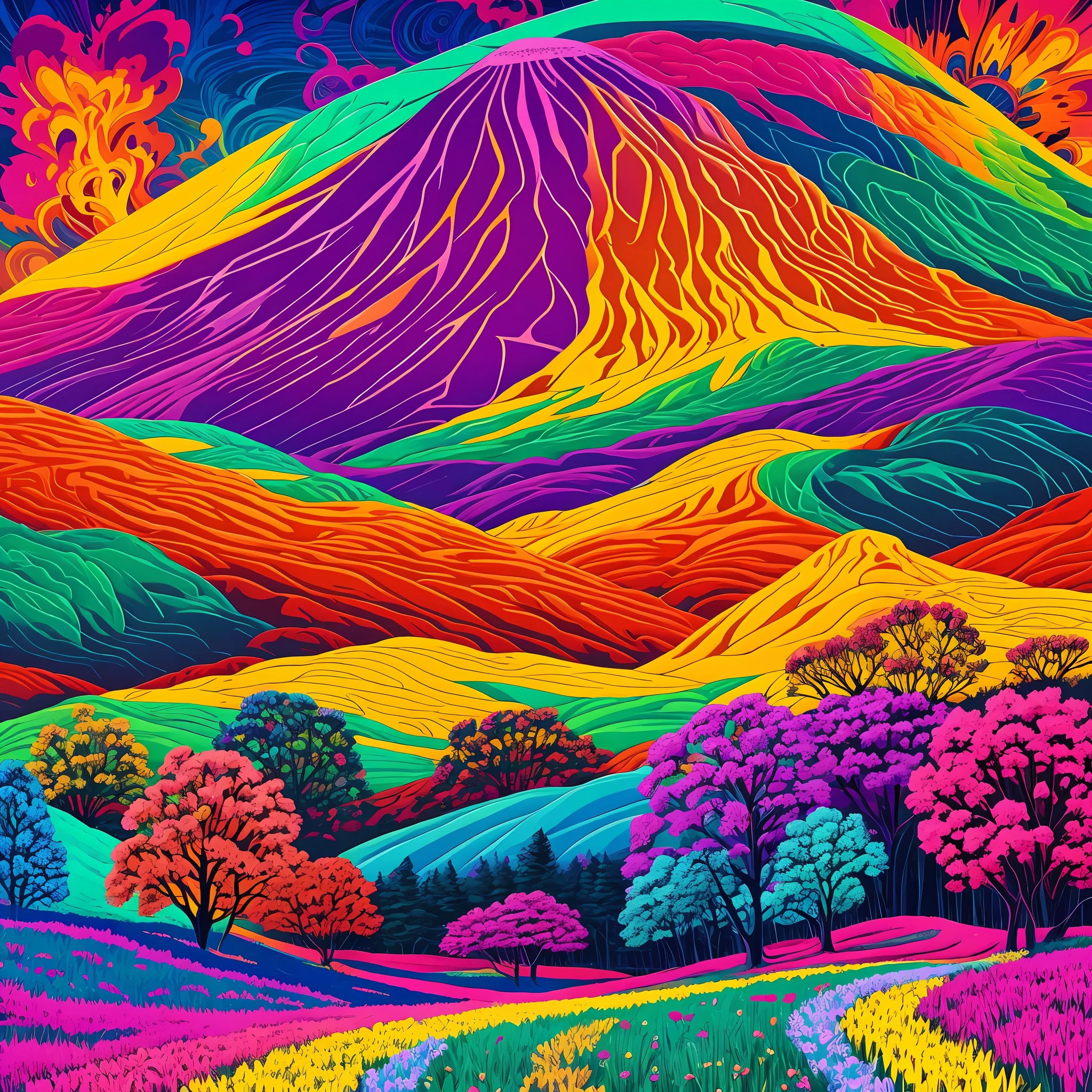 painting of a field of flowers with a sun setting in the background, floral sunset, dan mumford and alex grey style, sunset psychedelic, kilian eng vibrant colours, psychedelic landscape, kilian eng vibrant colors, dan mumford and albert bierstadt, official artwork, in the style dan mumford artwork, dan mumford paint, jen bartel, psychedelic art style, mythical floral hills --auto --s2