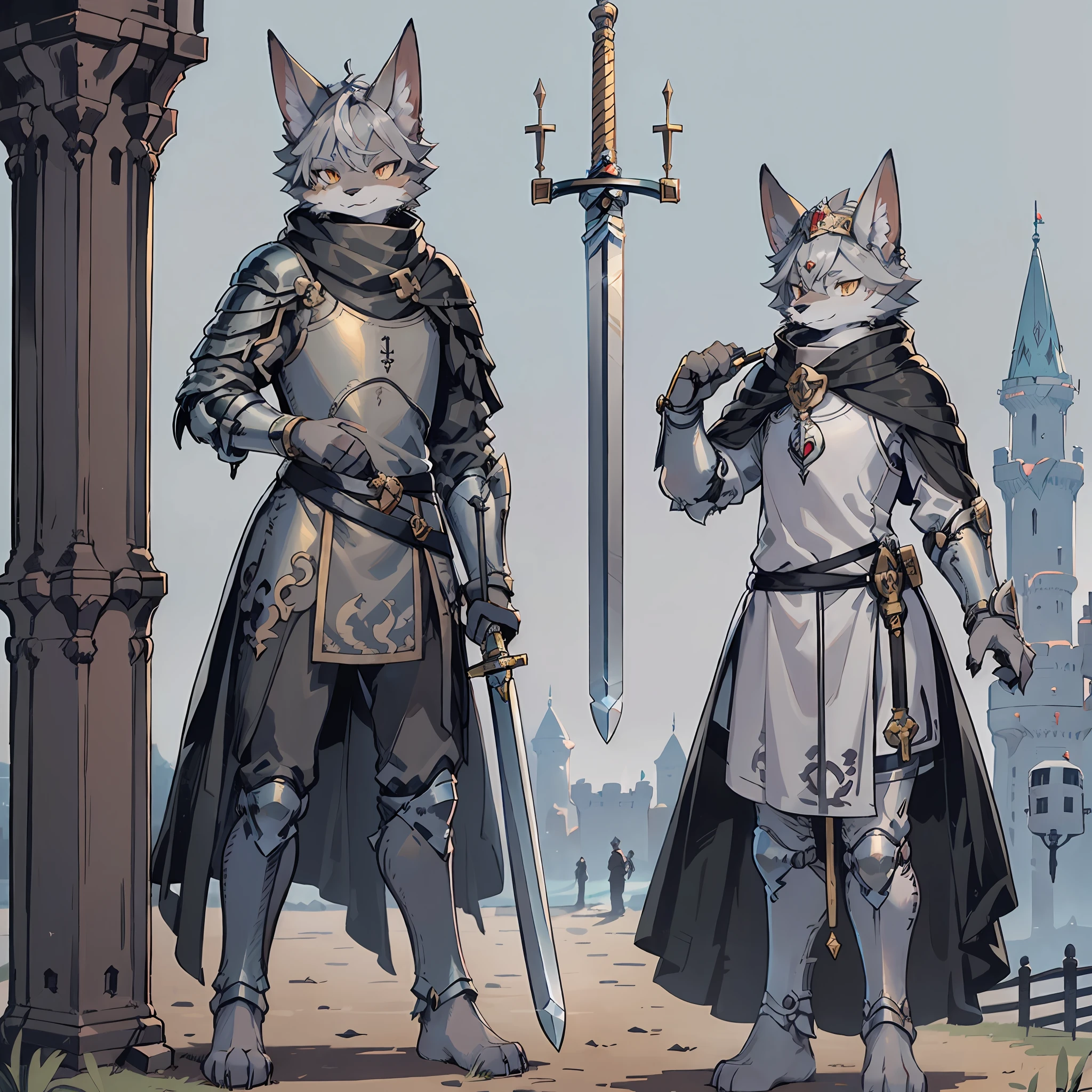 (single), (furry), canine , furry, golden eyes, gray hair, knight, sword ((standing in front of the castle)), (detailed face and body), (detailed background)),"