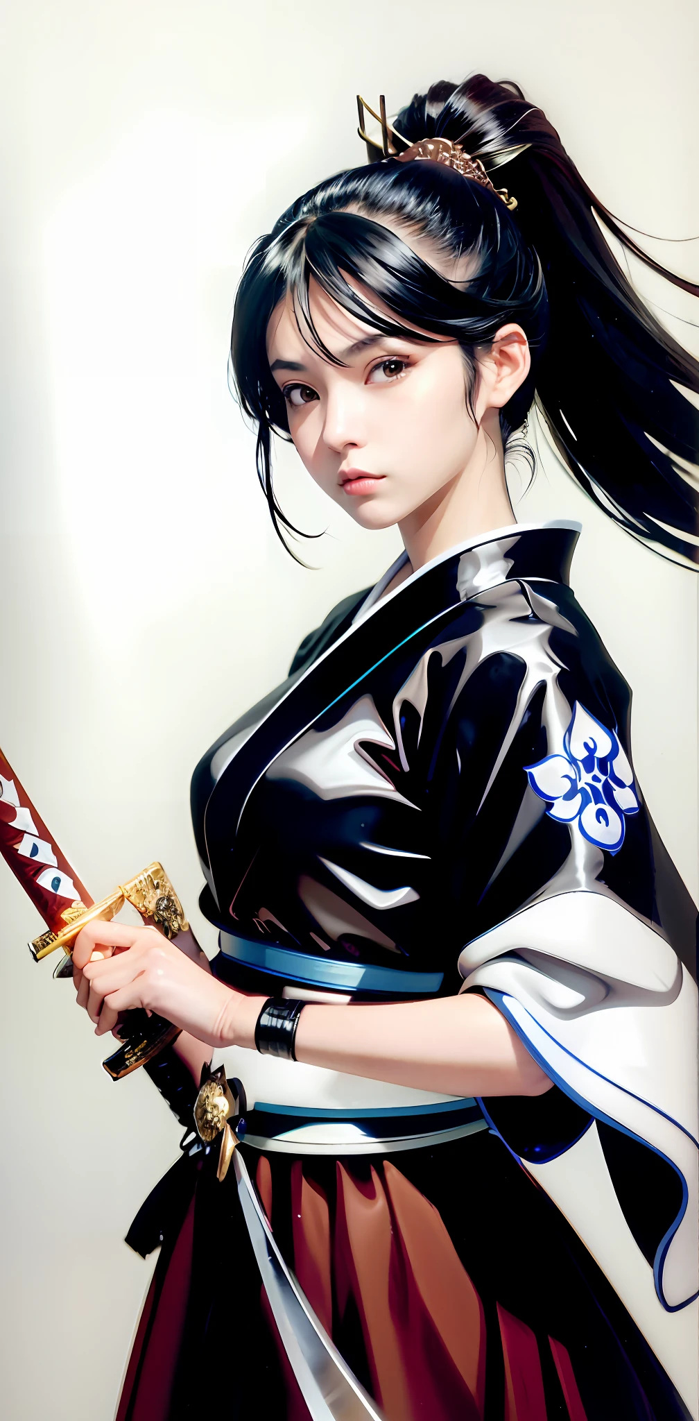 Un primer plano de una mujer sosteniendo una espada en un dibujo en blanco y negro, shohei otomo, katana, Masayoshi Suto y el germen del arte, ella está sosteniendo una espada katana, desenvainando su katana, mujer samurái, inspirado en Masamune Shirow, kunoichi, inspirado por Harumi Hironaka