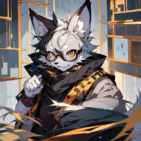 Single, furry male, furry, fox, arctic fox, canine, gray-black fur, golden eyes, glasses, pipe, detective