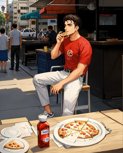 there is a man sitting at a table eating a piece of pizza, around 1 9 years old, mohamed chahin, ayan nag, profile picture 1024p...