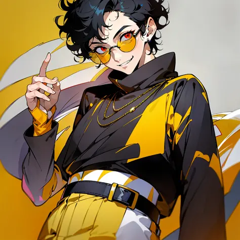 1 boy solo, close-up, determined eyes, black sweater, yellow pants with black belt, necklace around the neck, short black hair w...