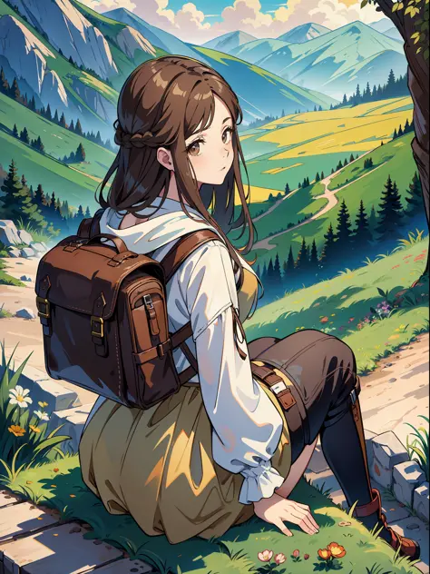 a girl with long brown hair sits on a mountain rear view with a backpack on her back, 18th century painting