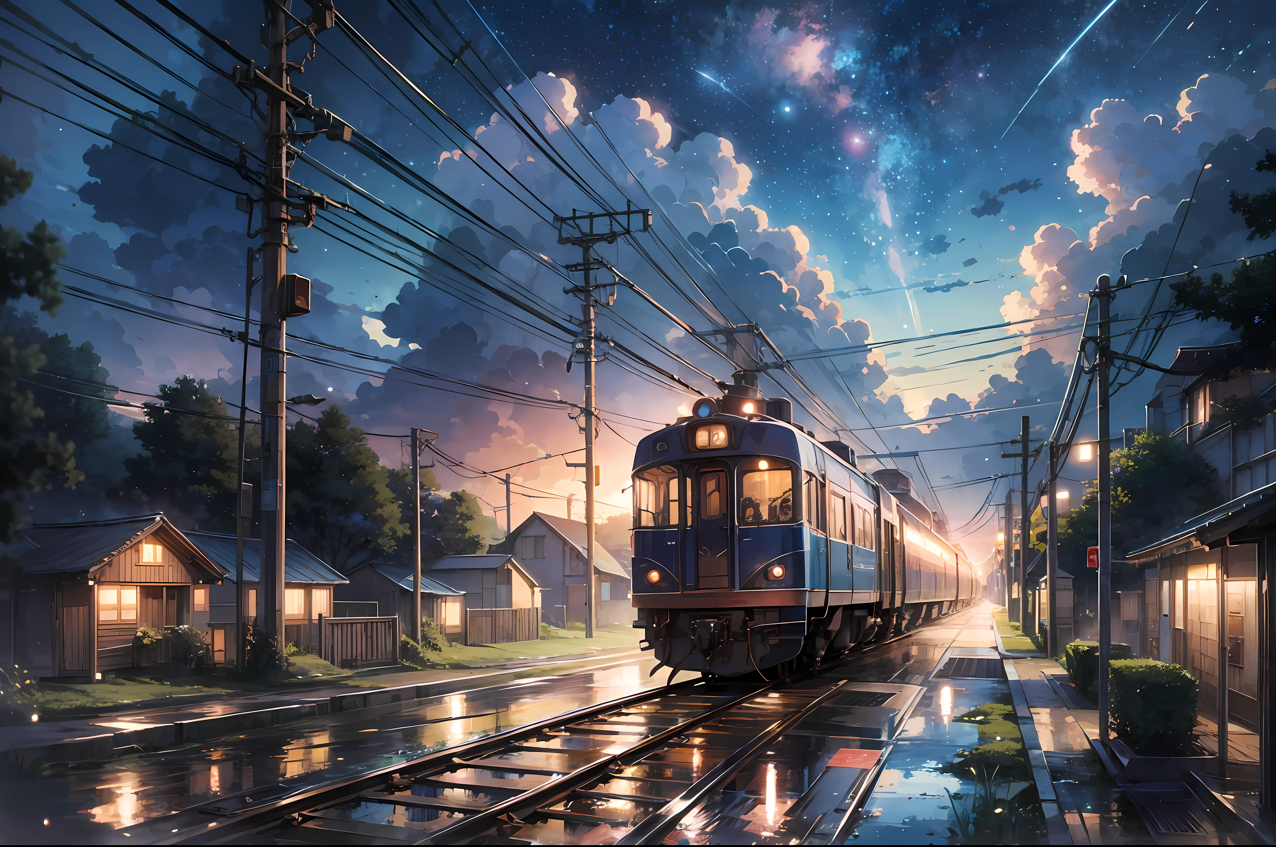 High quality masterpiece, landscape, anime train passing through bodies of water on tracks, bright starry sky. BREAK Romantic train, pixiv, concept art, lofi art style, reflection. by Makoto Shinkai, lofi art, Beautiful anime scene, BREAK Anime landscape, detailed scenery —width 672, in style of Makoto shinkai, style of Makoto shinkai, enhanced details, BREAK,Detailed,Realistic,4k highly detailed digital art,octane render, bioluminescent, BREAK 8K resolution concept art, realism,by Mappa studios,masterpiece,best quality,official art,illustration,ligne claire,(cool_color),perfect composition,absurdres, fantasy,focused,rule of thirds