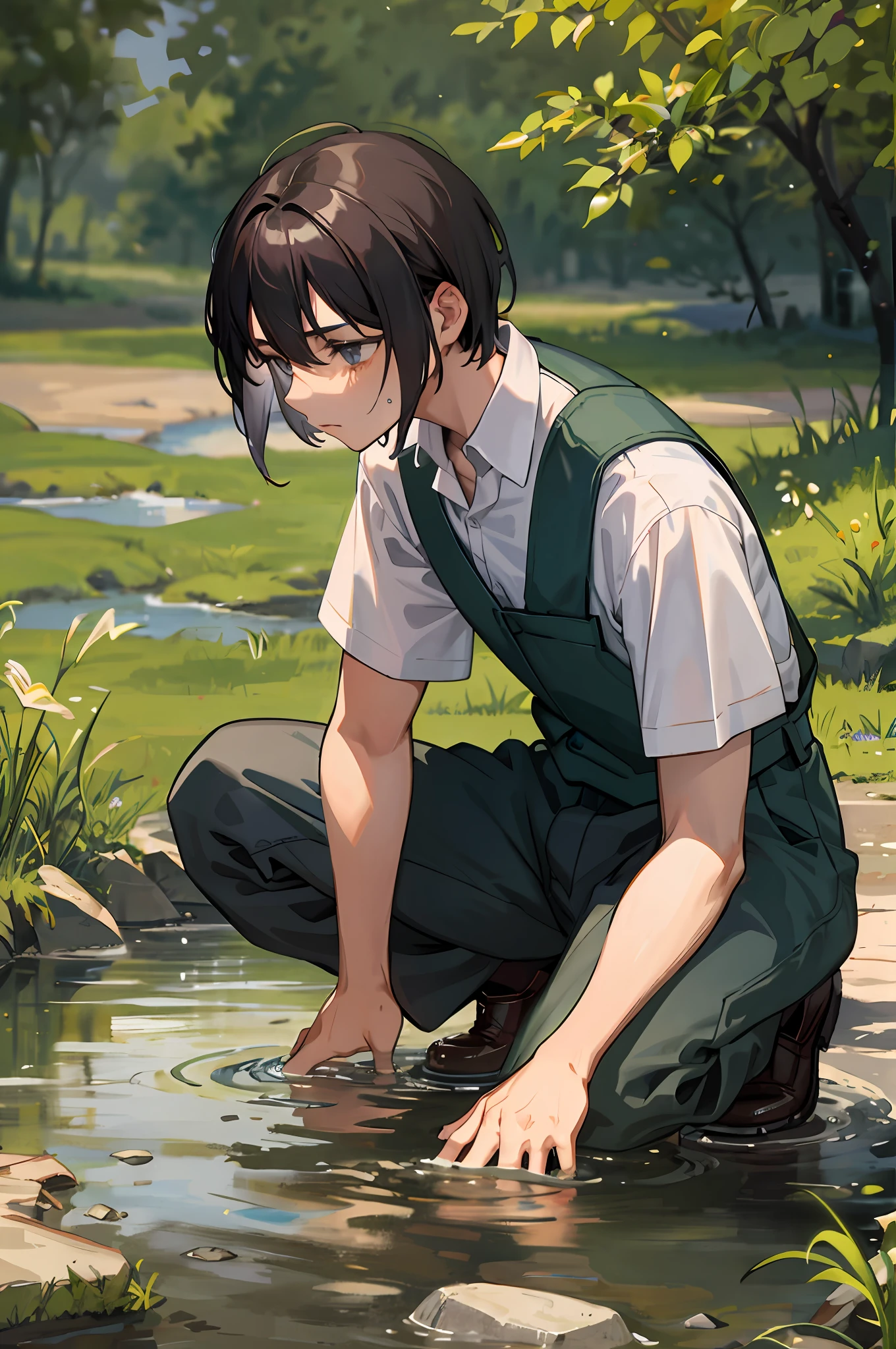 Anime boy kneeling in water with his hands in the water - SeaArt AI