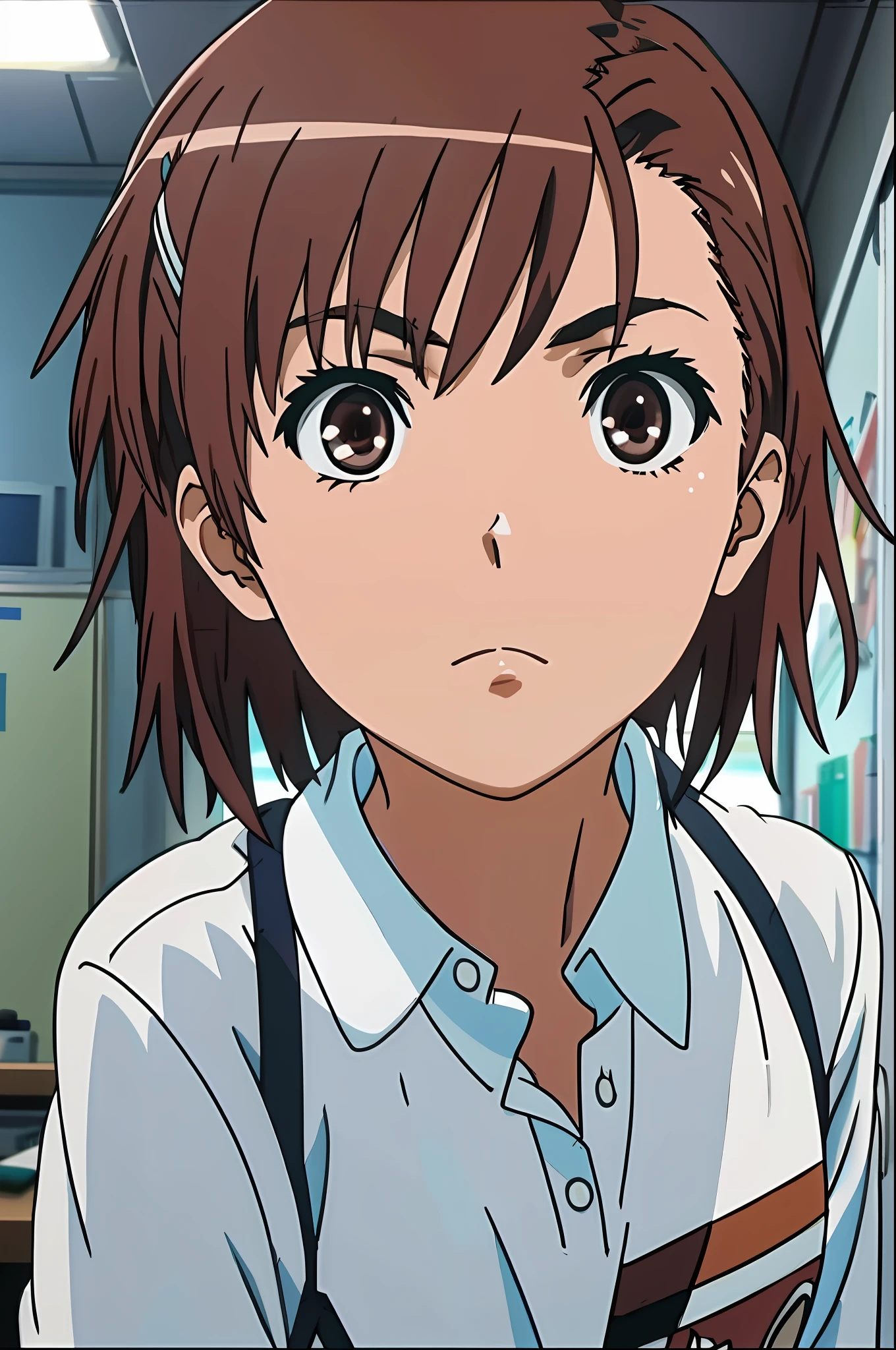 Masterpiece, Best Quality, Misaka Mikoto, Brown Eyes, Viewer View, Solo, short_hair, closed_mouth, collared_shirt, looking_at_viewer, Bikini, white_shirt, small_breast, Classroom
