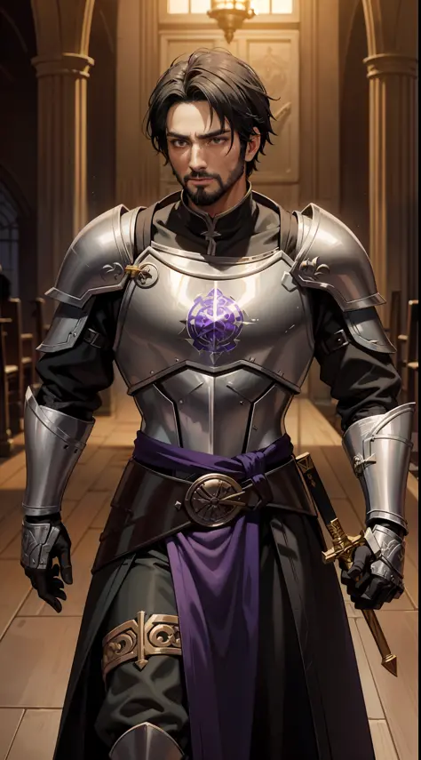 a 29-year-old man with black hair and brown eyes and a thin beard, his armor and black with purple and gold accents depicting gr...