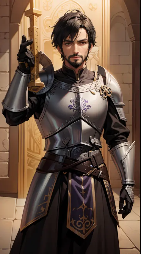 a 29-year-old man with black hair and brown eyes and a thin beard, his armor and black with purple and gold accents depicting gr...