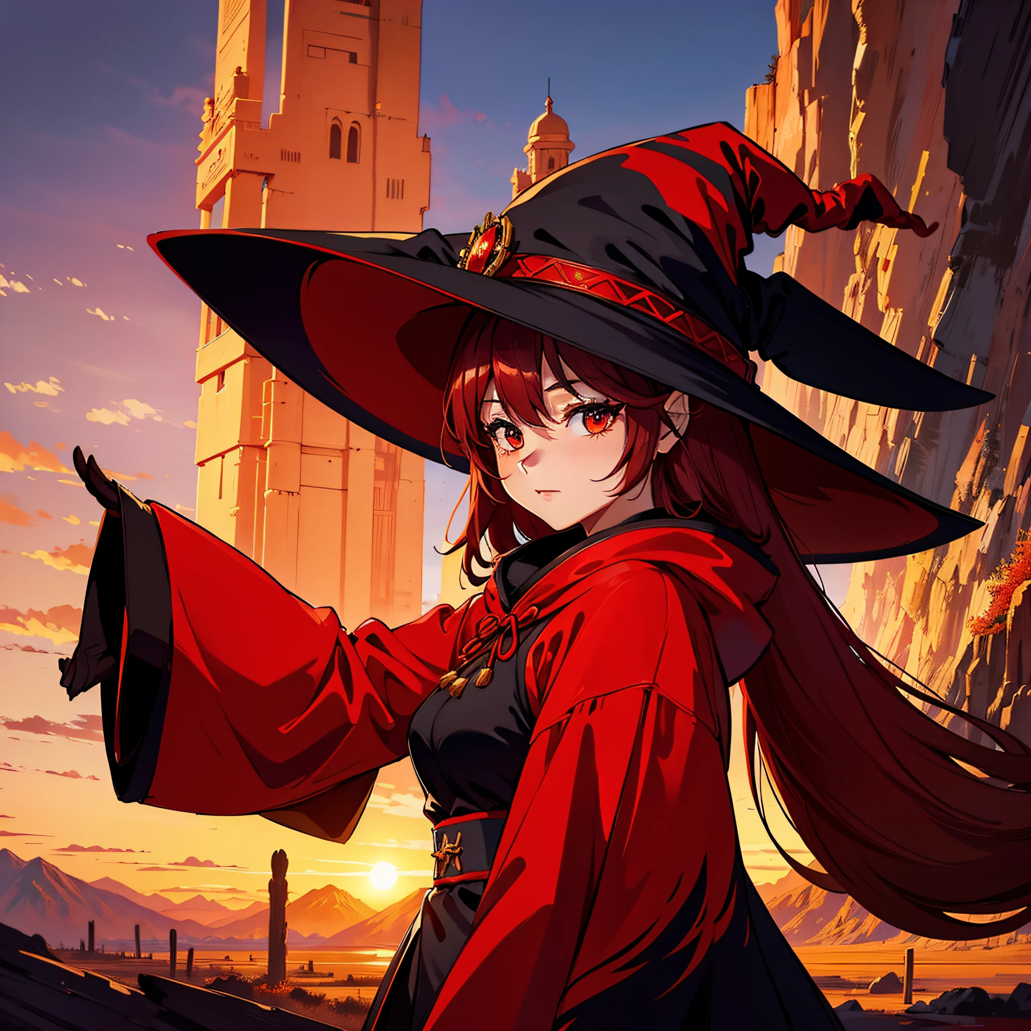 furry Witch, Chinese red colors, witch hat, witch outfit, Sunset in the desert with mountains in the background, masterpiece, best quality