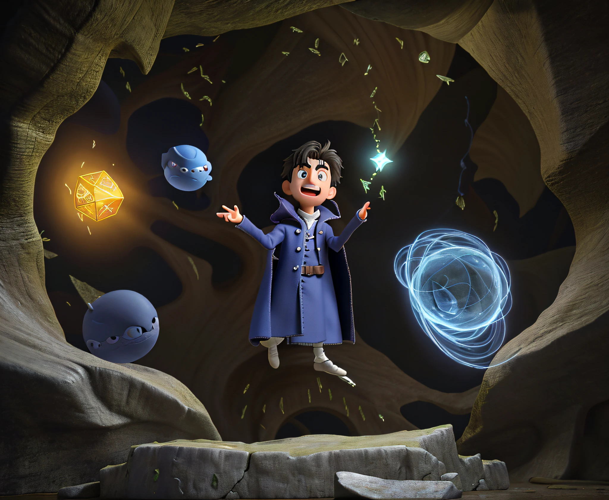 drawing of a boy in a wizard's overcoat outfit levitating on the floor, expelling powers from his hands surrounding his head, by Sally Haley, minimalist 3d digital art drawing, by Helen Stevenson, by Brenda Chamberlain, by Edna Mann, boy with magical powers. And with dark black background inside a cave.