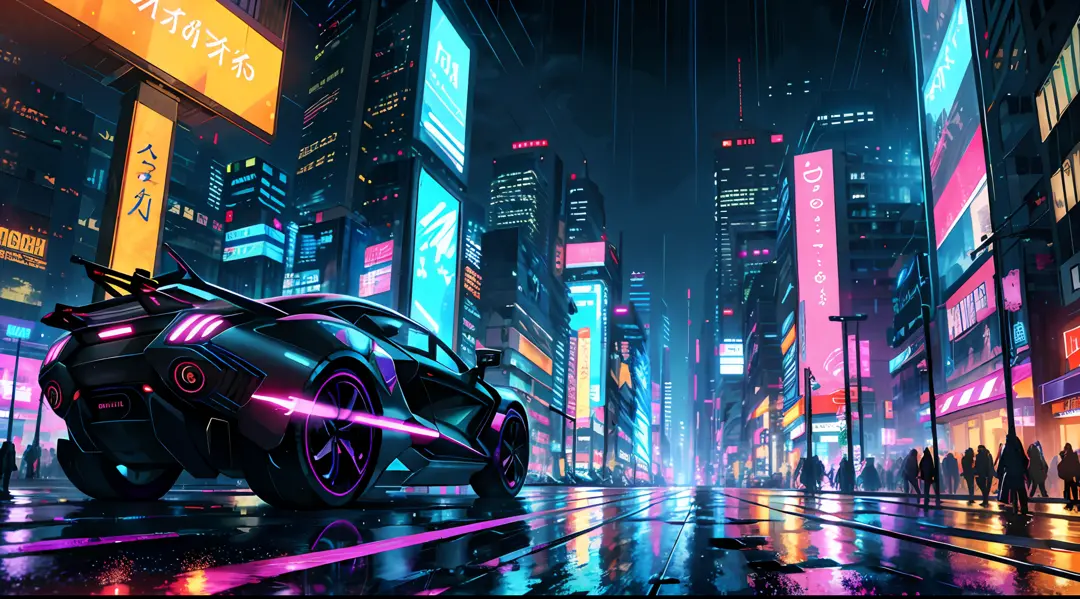 Futuristic Cityscape, Cyberpunk aesthetic, inspired by Blade Runner, High quality, neon-lit skyscrapers reaching into the night sky, Holographic billboards and bustling streets filled with futuristic vehicles, Rain-soaked pavement reflecting the vibrant co...