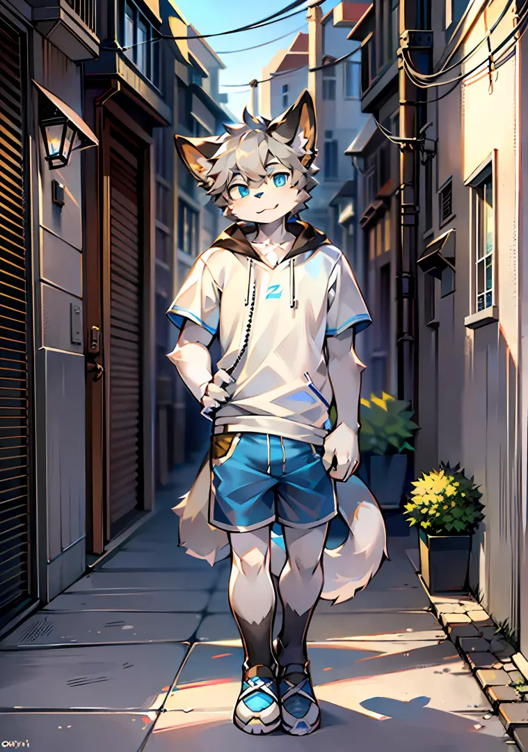 bright eyes, panorama, character focus solo, furry, furry male cat, male yellow-white fur, blue eyes, gray hair (long), wearing blue shorts and shorts, casual clothing, young style, height one meter seven, handsome, has a tail,