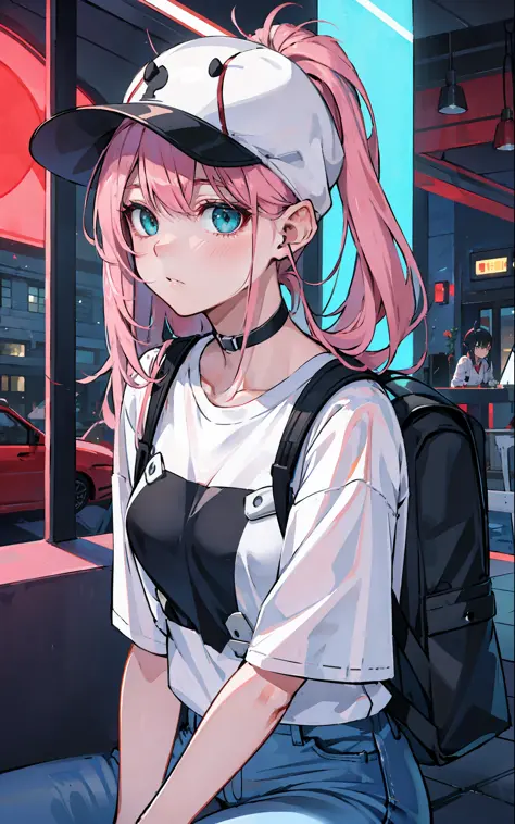 zero two \(darling in franxx\), darling in franxx, 1girl, closed mouth, bangs, black cap, bite, shadow, green eyes, hair behind ...