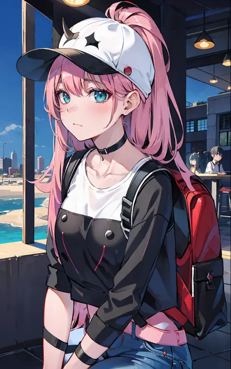 zero two \(darling in franxx\), darling in franxx, 1girl, closed mouth, bangs, black cap, bite, shadow, green eyes, hair behind ...