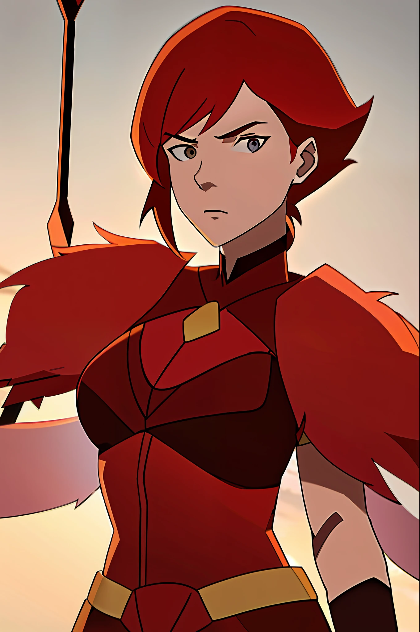 (8k) (Viele Details)junge Frau, Allein,kurzes Haar,Rote Haare,rote Flügel,Rüstung,Speer