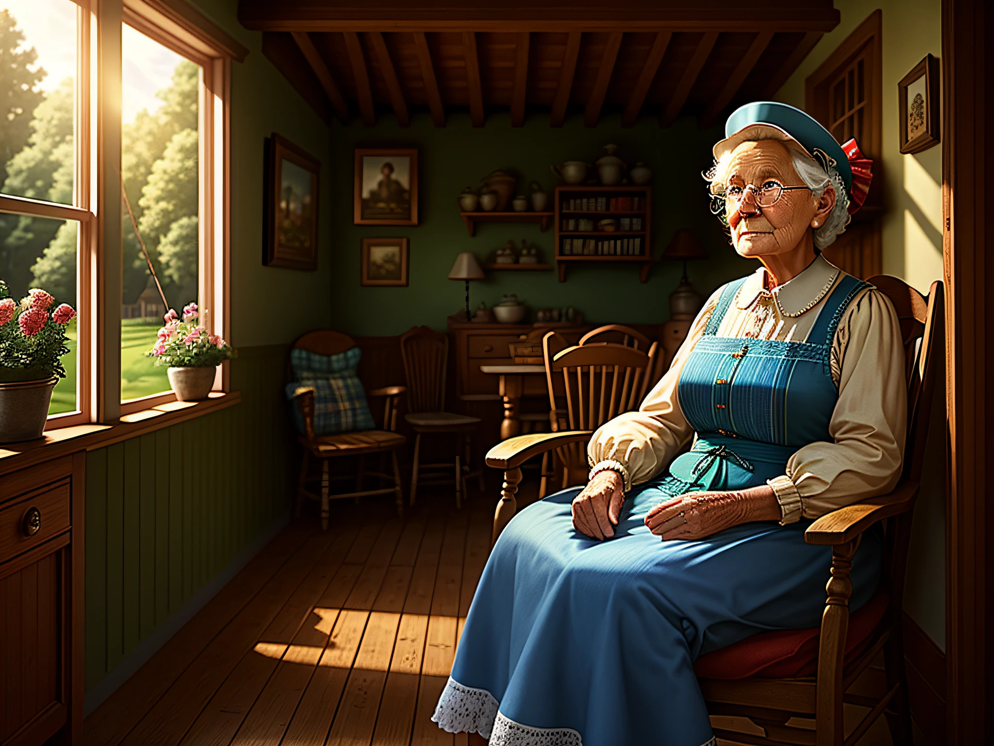 高品質, 細部までこだわった内装のノスタルジックな田舎の家の風景. ポーチに座るおばあちゃん, 愛情深い表情, 小さな光