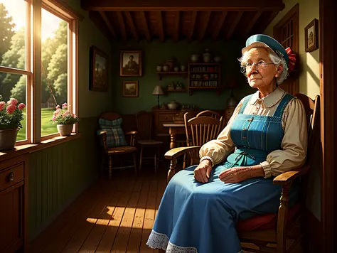 High quality, nostalgic country house scene with detailed interior. Grandmother sitting on the porch, affectionate facial expres...