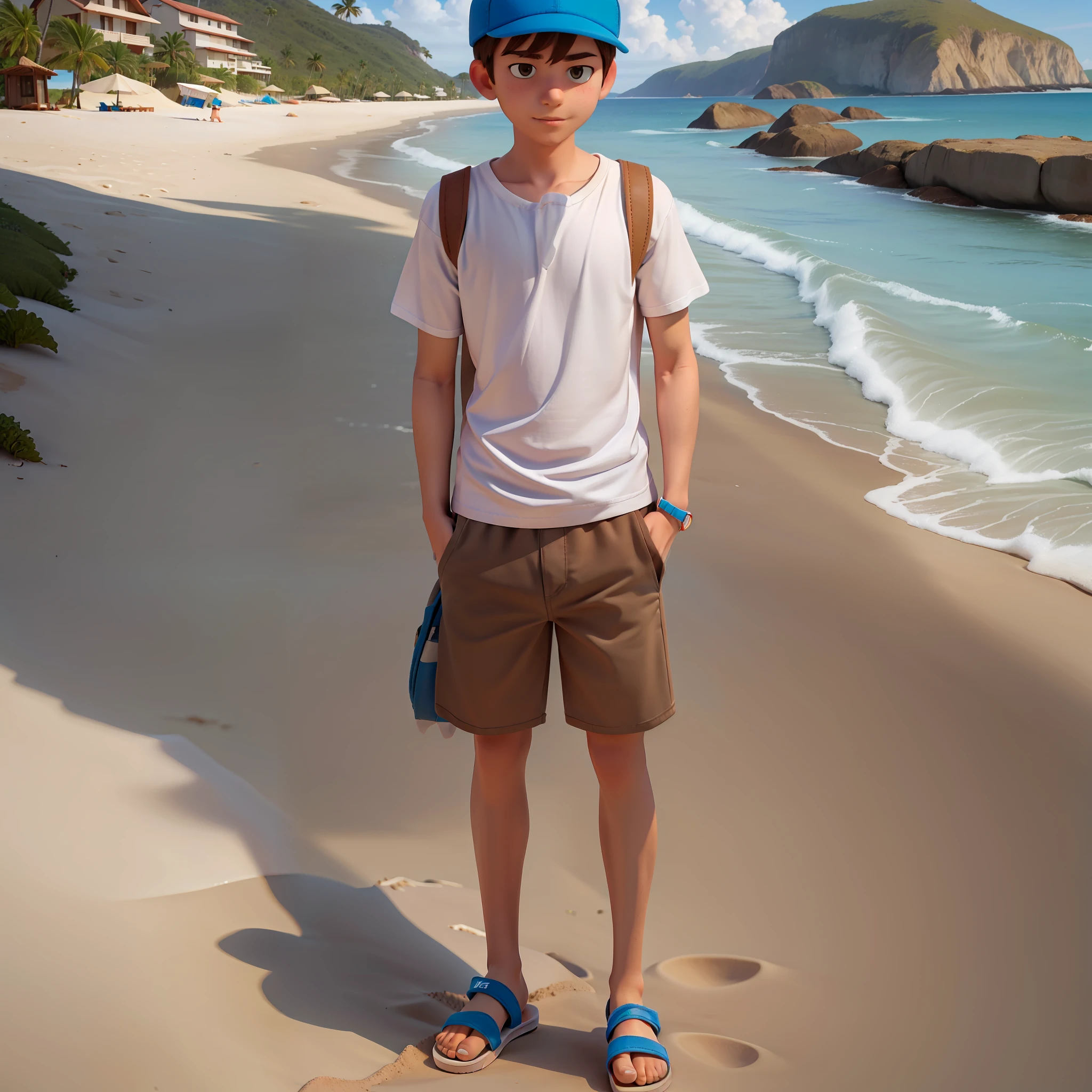 (1 милый персонаж по имени Майк), (носить белую футболку, имеет, коричневые шорты, шлепки), (пляж на заднем плане)