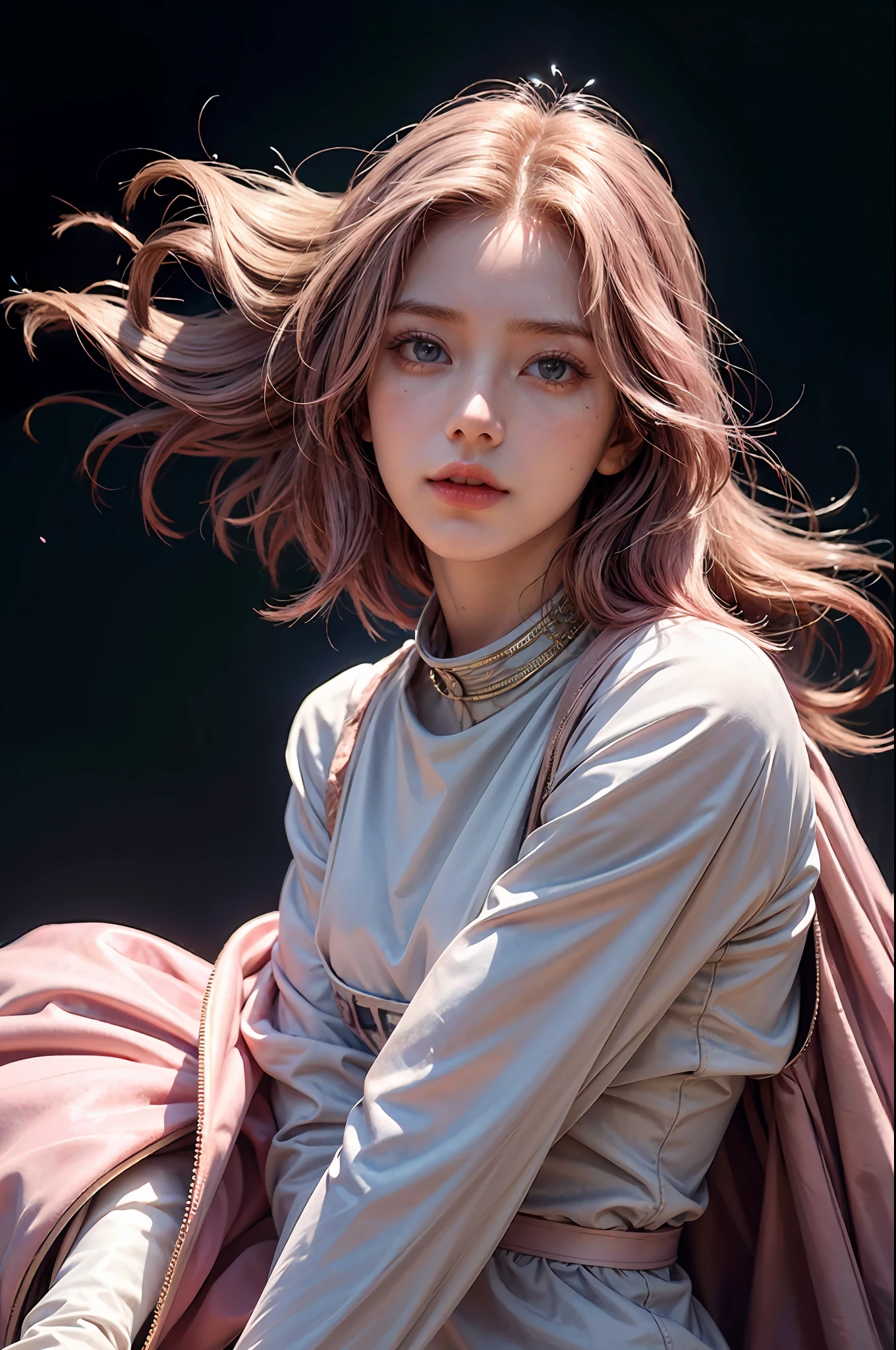 (masterpiece,realistic, best quality:1.4), excited girl, 1girl, she is pointing out a person to the right hand side, wavy medium pink hair, floating hair by wind blow, solo, slender, slim waist,white gloves, gloves, white teeth smile, looking at someone, pink hair, jewelry, detailed face and eyes, delicate and beautiful face,upon_body, tyndall effect,photorealistic, dark studio, rim lighting, two tone lighting,(high detailed skin:1.2), 8k uhd, dslr, soft lighting, high quality, volumetric lighting, candid, Photograph, high resolution, 4k, 8k, pokies,Bokeh