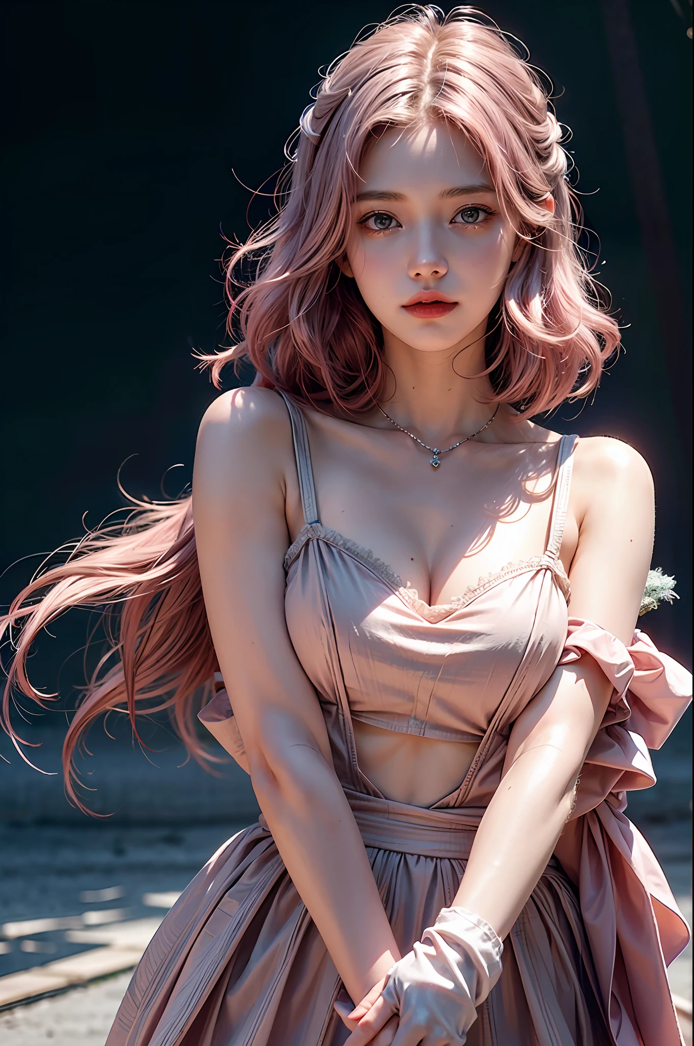 (masterpiece,realistic, best quality:1.4), excited girl, 1girl, she is pointing out a person to the right hand side, wavy medium pink hair, floating hair by wind blow, solo, slender, slim waist,white gloves, gloves, white teeth smile, looking at someone, pink hair, short hair,jewelry, detailed face and eyes, delicate and beautiful face,upon_body, tyndall effect,photorealistic, dark studio, rim lighting, two tone lighting,(high detailed skin:1.2), 8k uhd, dslr, soft lighting, high quality, volumetric lighting, candid, Photograph, high resolution, 4k, 8k, pokies,Bokeh