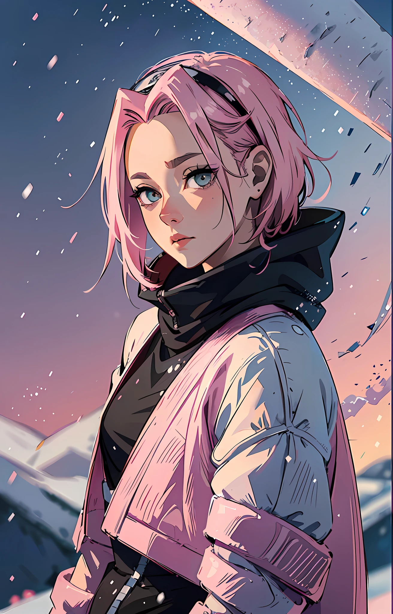 Sakura Haruno, ((Sozinho)), sozinho, ((testa para mostrar)), elegante,vestindo suéter preto, cabelo rosa, delicado, Jovem, cabelo curto, rosto detalhado, alta definição, ((corpo todo)), (neve ao seu redor), todo o corpo, ((dia de neve)), olhando para o céu, ela é uma linda mulher contemplando a neve, rosto com alta qualidade, amor
