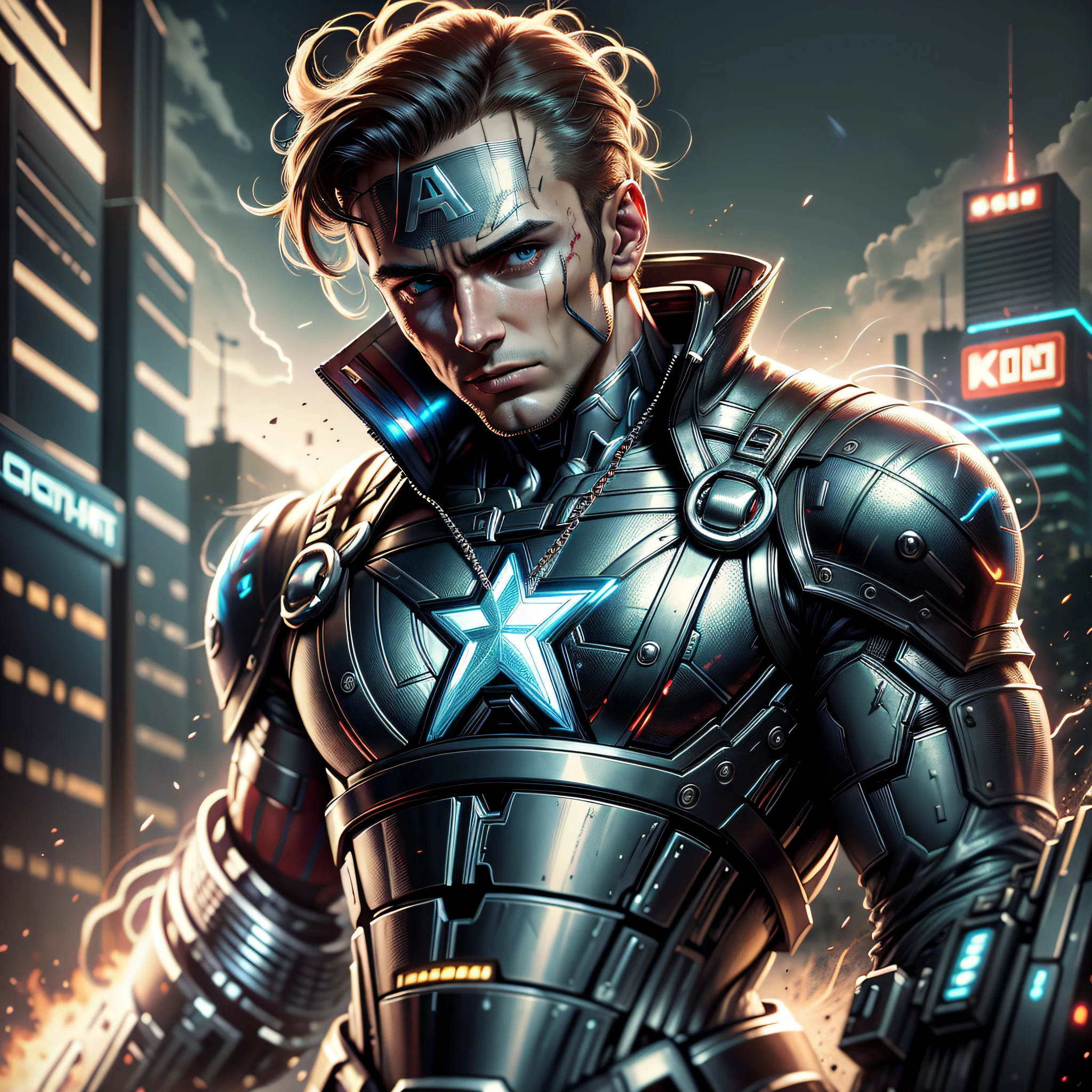 Captain America DC Comics Futuristic Cyber Punk Style (Masterpiece) (Best Quality) (Detailed) (8K) (HDR) (Wallpaper) (Cinematic Lighting) (Sharp Focus) (Intricate) --auto --s2
